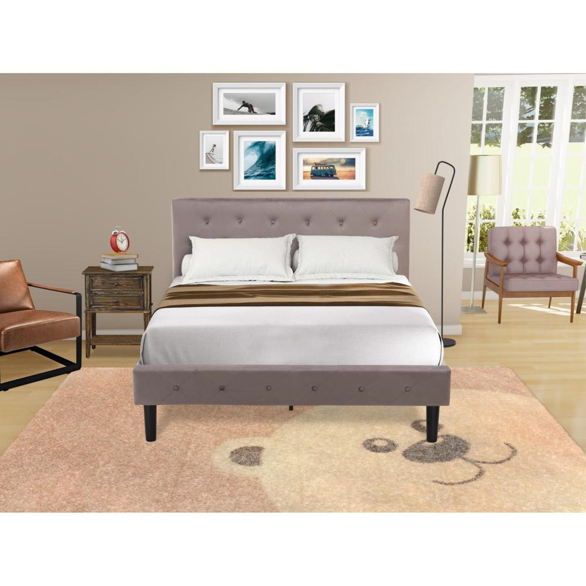 NL14F-1VL07 2 Pc Bedroom Set - 1 Bed Brown Taupe Velvet Fabric Headboard and 1 Nightstand - Distressed Jacobean Finish Nightstand