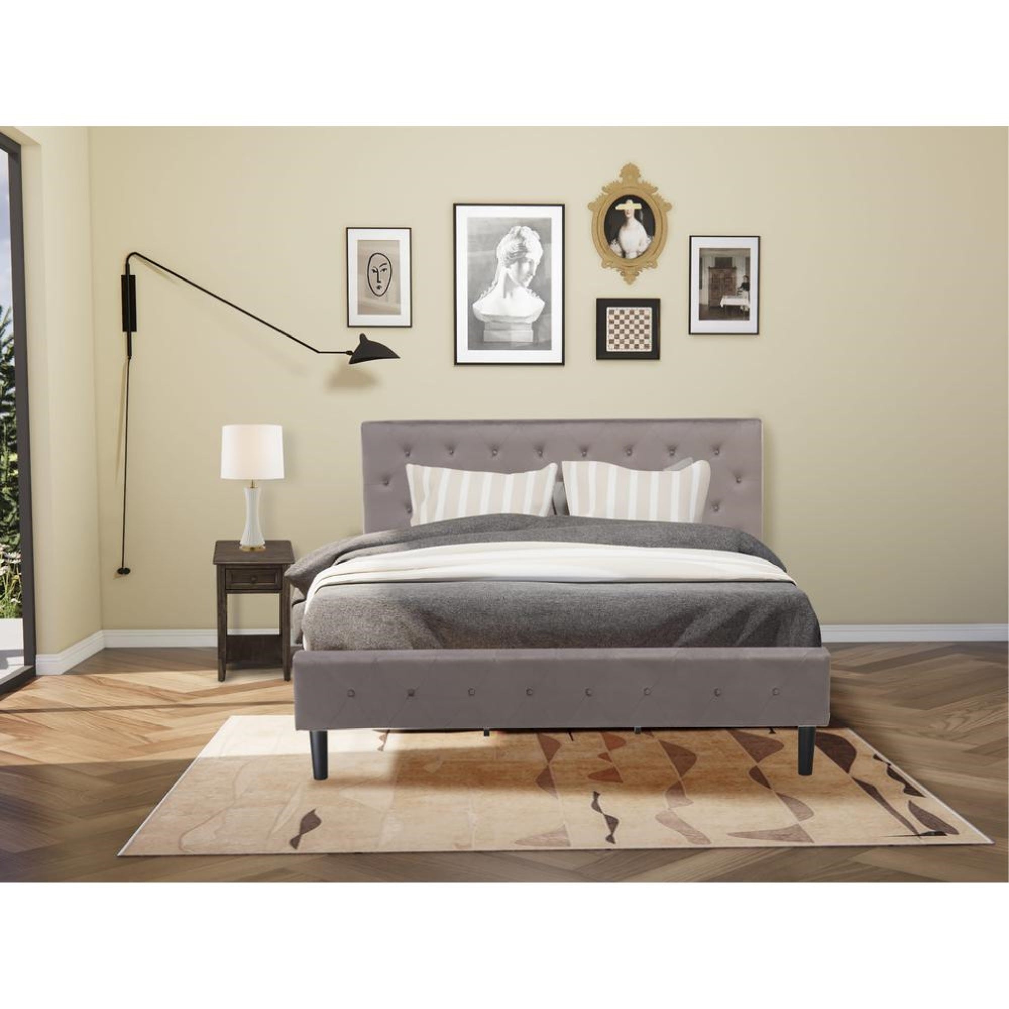 NL14K-1DE07 2 Pc King Bed Set - 1 Bed Brown Taupe Velvet Fabric Headboard and 1 Nightstand - Distressed Jacobean Finish Nightstand
