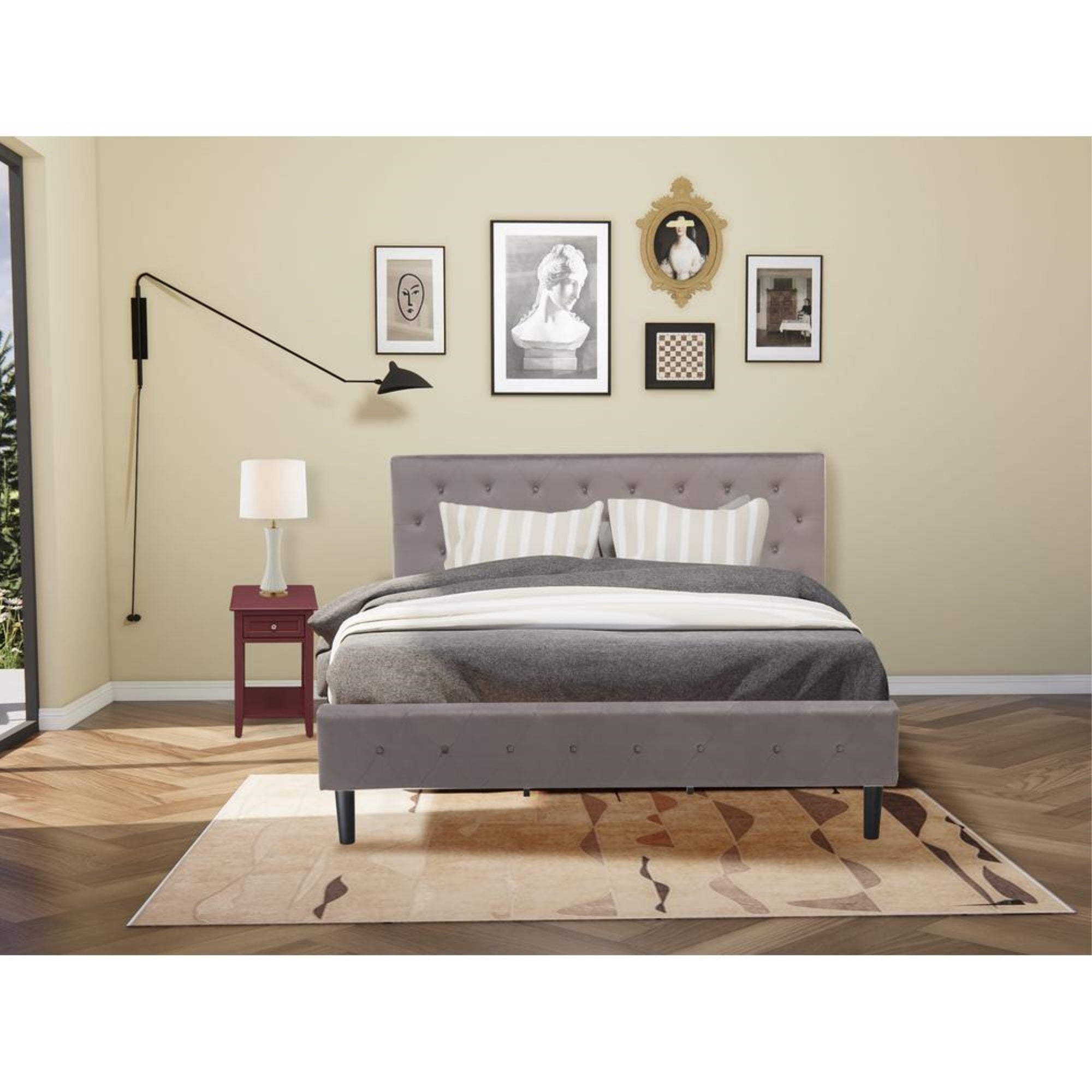 NL14K-1DE13 2 Piece King Bed Set - 1 King Bed Brown Taupe Velvet Fabric Headboard and 1 Nightstand - Burgundy Finish Nightstand