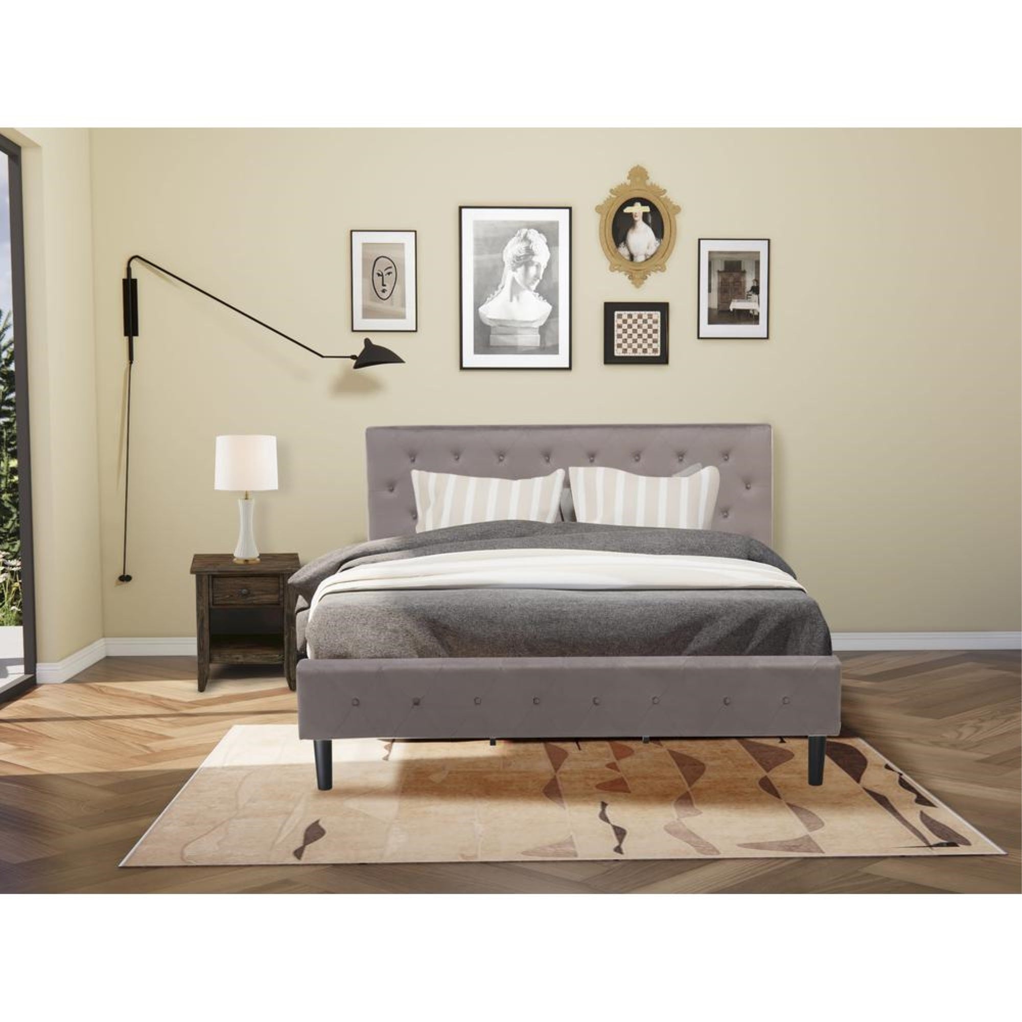 NL14K-1GA07 2 Pc Bed Set - 1 Bed Brown Taupe Velvet Fabric Headboard and 1 Wood Nightstand - Distressed Jacobean Finish Nightstand