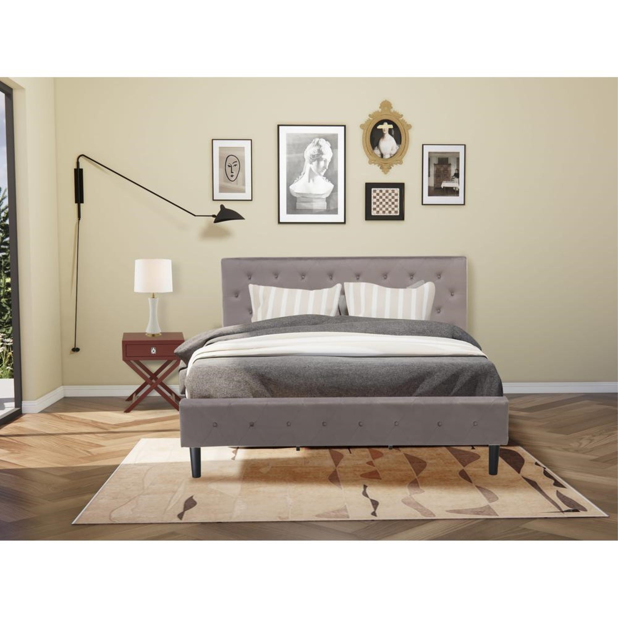 NL14K-1HA13 2 Pc King Bed Set - 1 King Bed Brown Taupe Velvet Fabric Headboard and 1 Nightstand - Burgundy Finish Nightstand