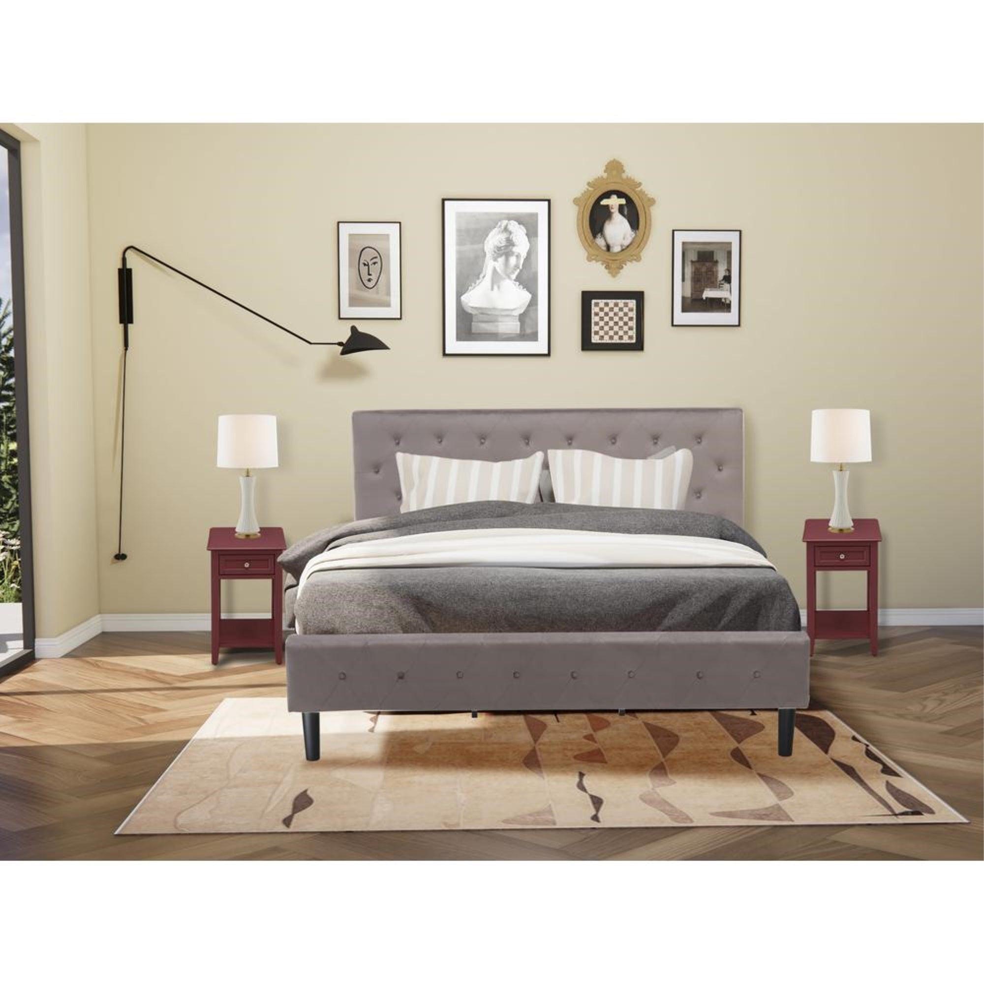 NL14K-2DE13 3 Piece Bed Set - 1 King Bed Brown Taupe Velvet Fabric Headboard and 2 Night Stands - Burgundy Finish Nightstand