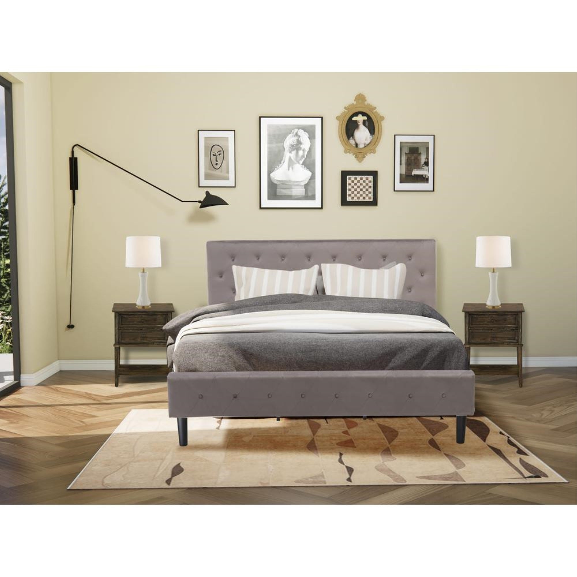 NL14K-2VL07 3 Pc Bed Set - 1 Bed Brown Taupe Velvet Fabric Headboard and 2 Night Stands - Distressed Jacobean Finish Nightstand