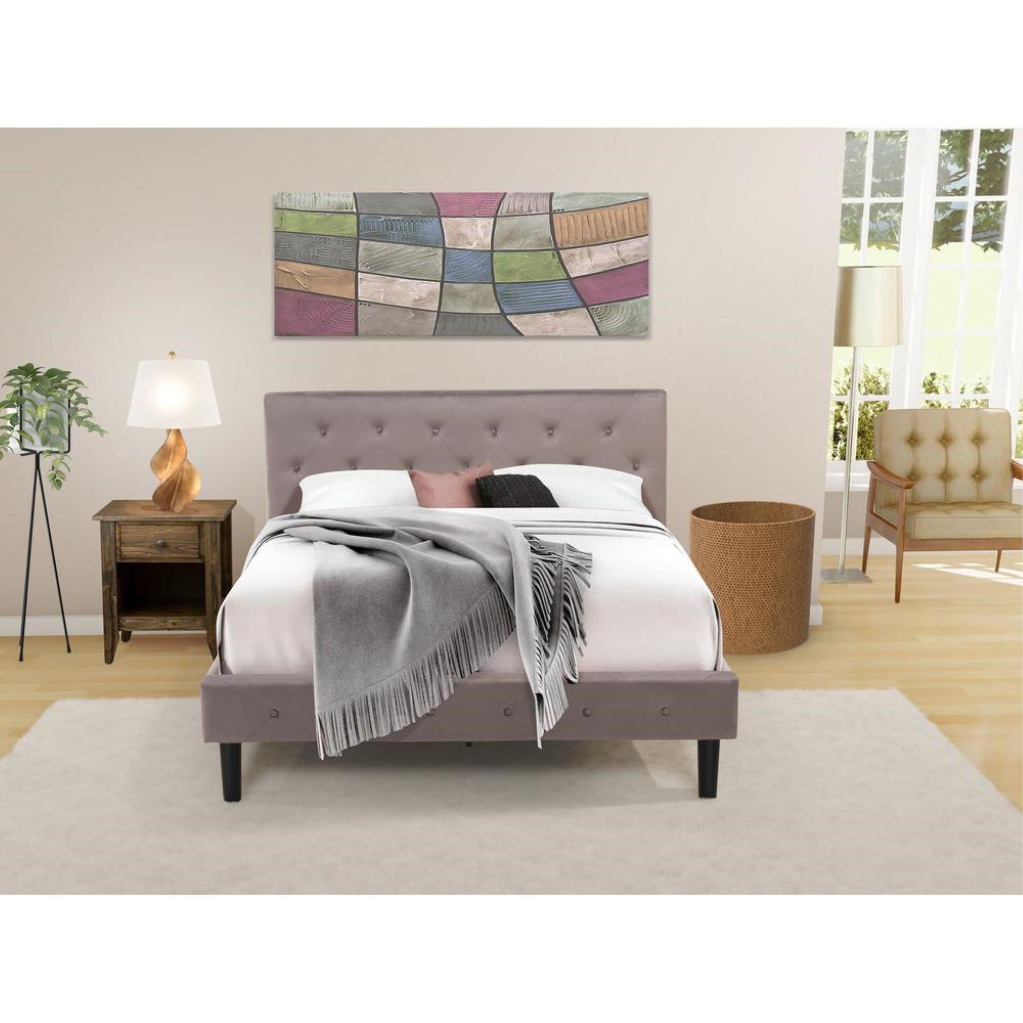 NL14Q-1GA07 2 Pc Bed Set - 1 Bed Brown Taupe Velvet Fabric Headboard and 1 Nightstand - Distressed Jacobean Finish Nightstand