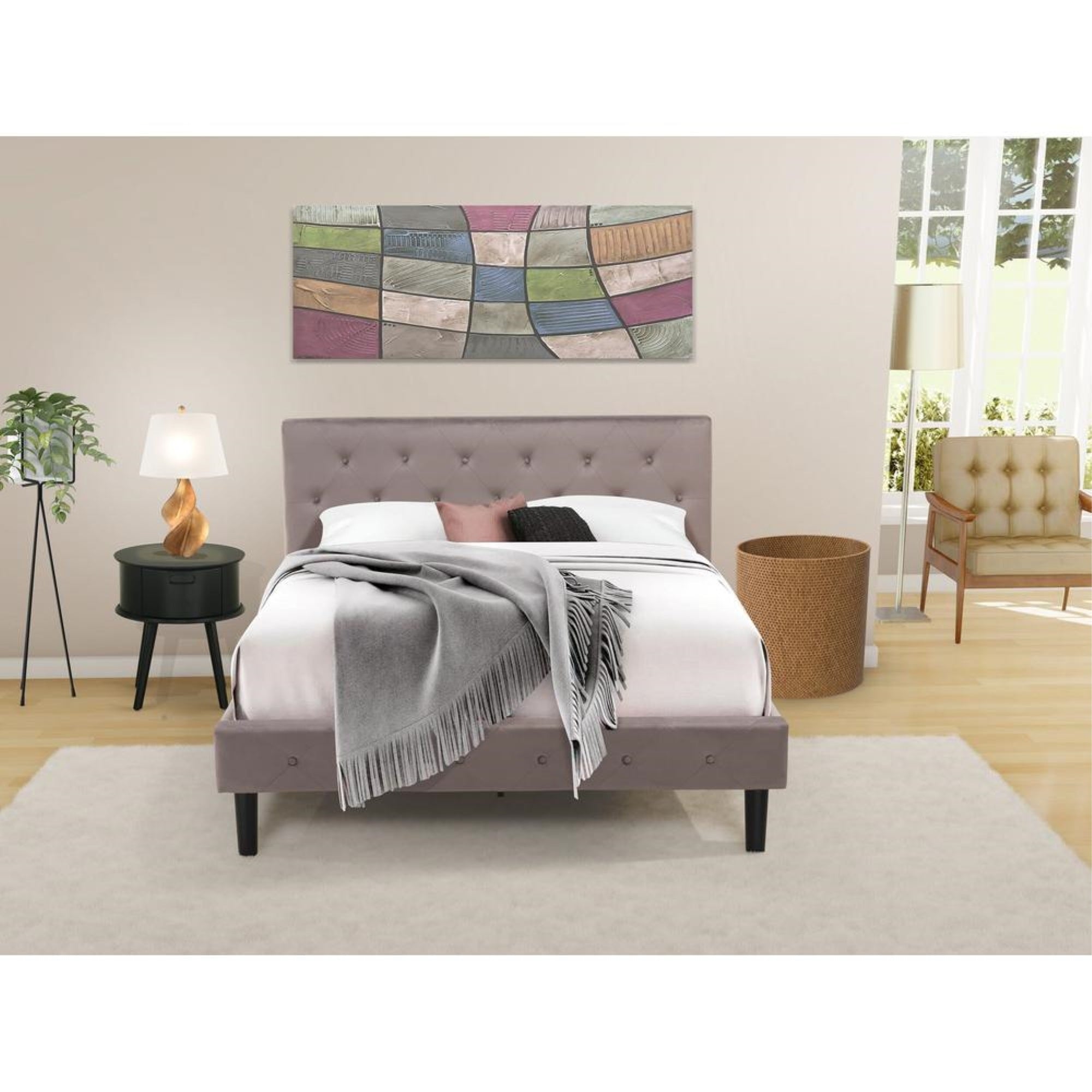 NL14Q-1GO11 2 Piece Bed Set - 1 Queen Bed Brown Taupe Velvet Fabric Headboard and 1 Night Stand - Black Finish Nightstand