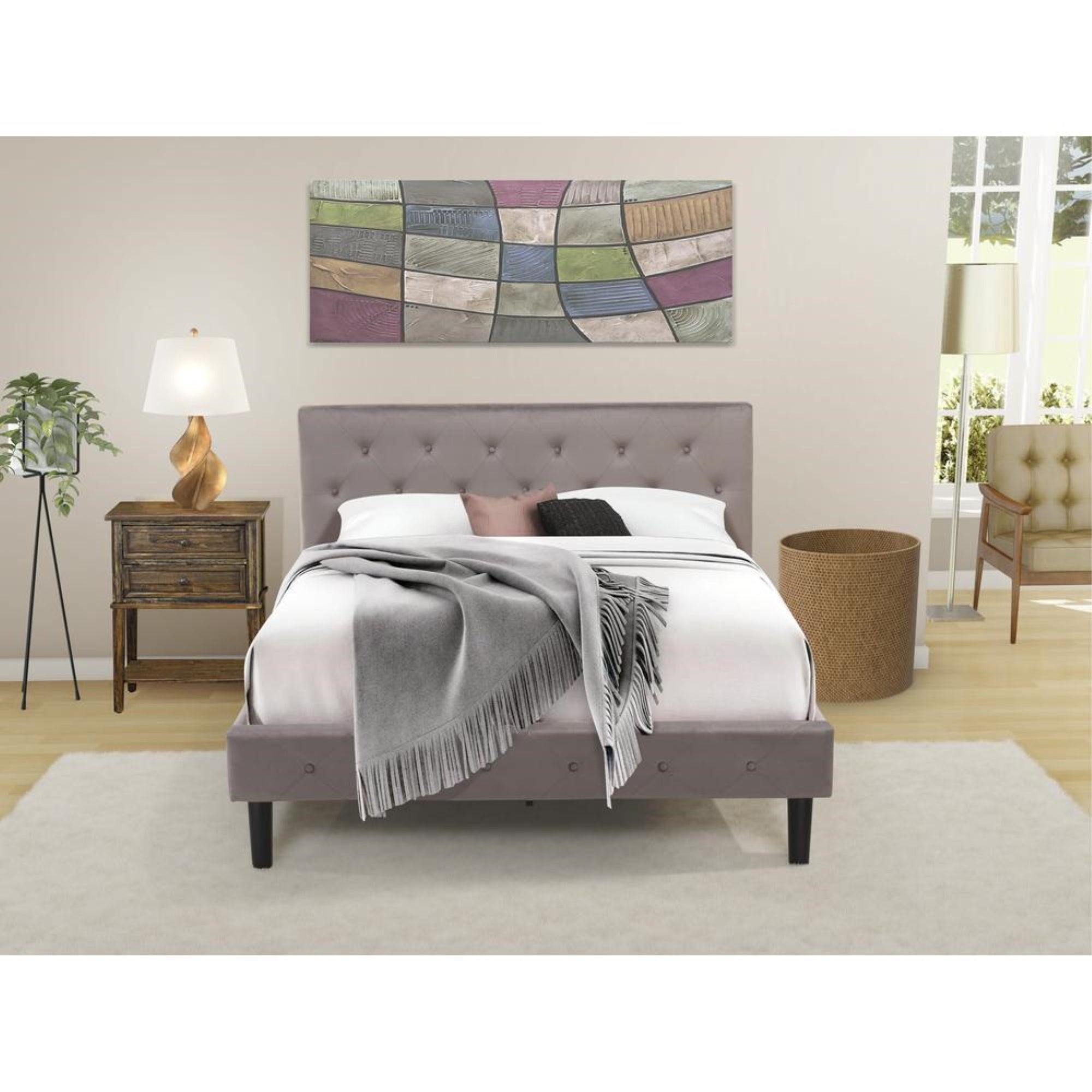 NL14Q-1VL07 2 Pc Bed Set - 1 Bed Brown Taupe Velvet Fabric Headboard and 1 Night Stand - Distressed Jacobean Finish Nightstand