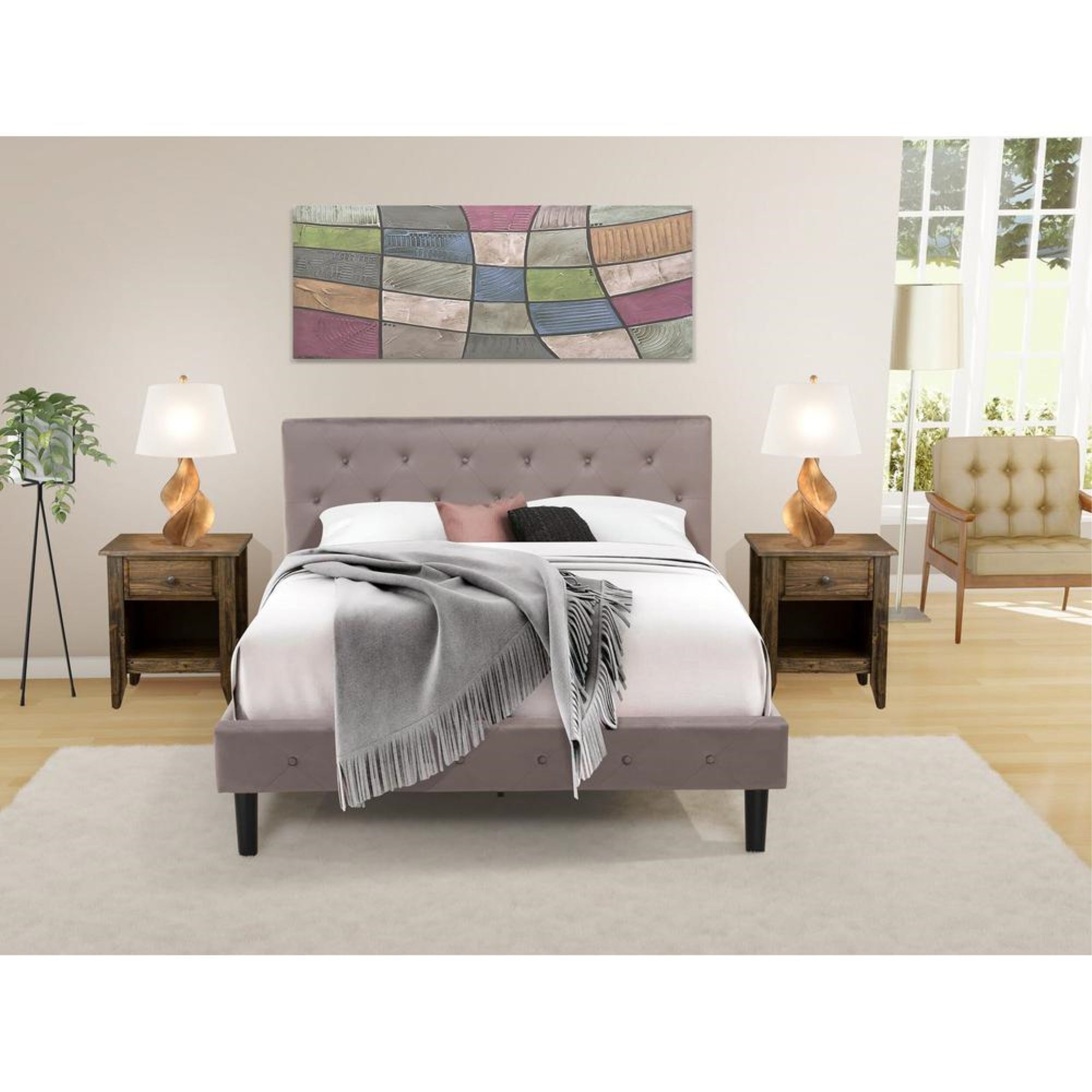 NL14Q-2GA07 3 Piece Bed Set - 1 Bed Brown Taupe Velvet Fabric Headboard and 2 Nightstands - Distressed Jacobean Finish Nightstand
