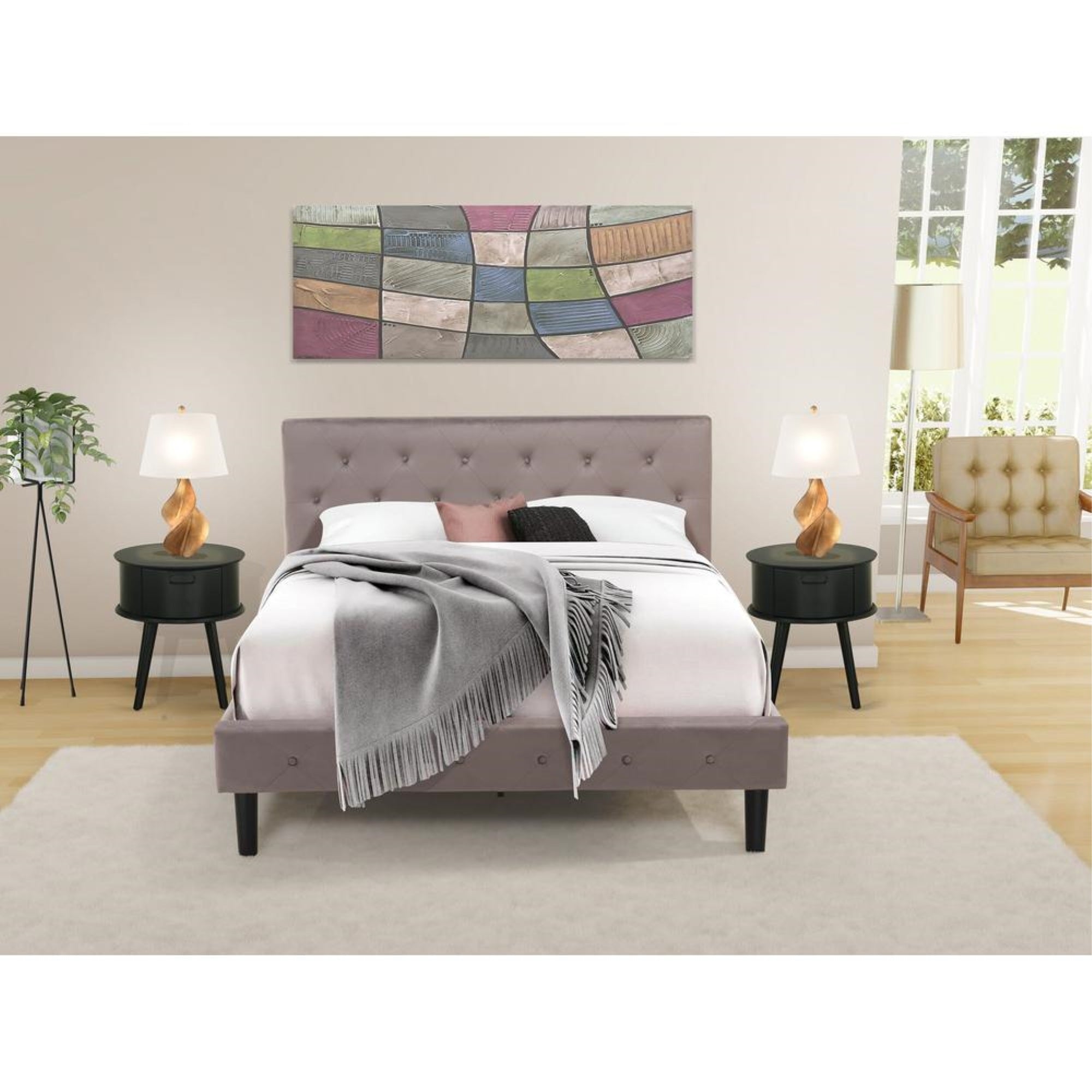 NL14Q-2GO11 3 Piece Bedroom Set - 1 Queen Size Bed Brown Taupe Velvet Fabric Headboard and 2 Nightstand - Black Finish Nightstand