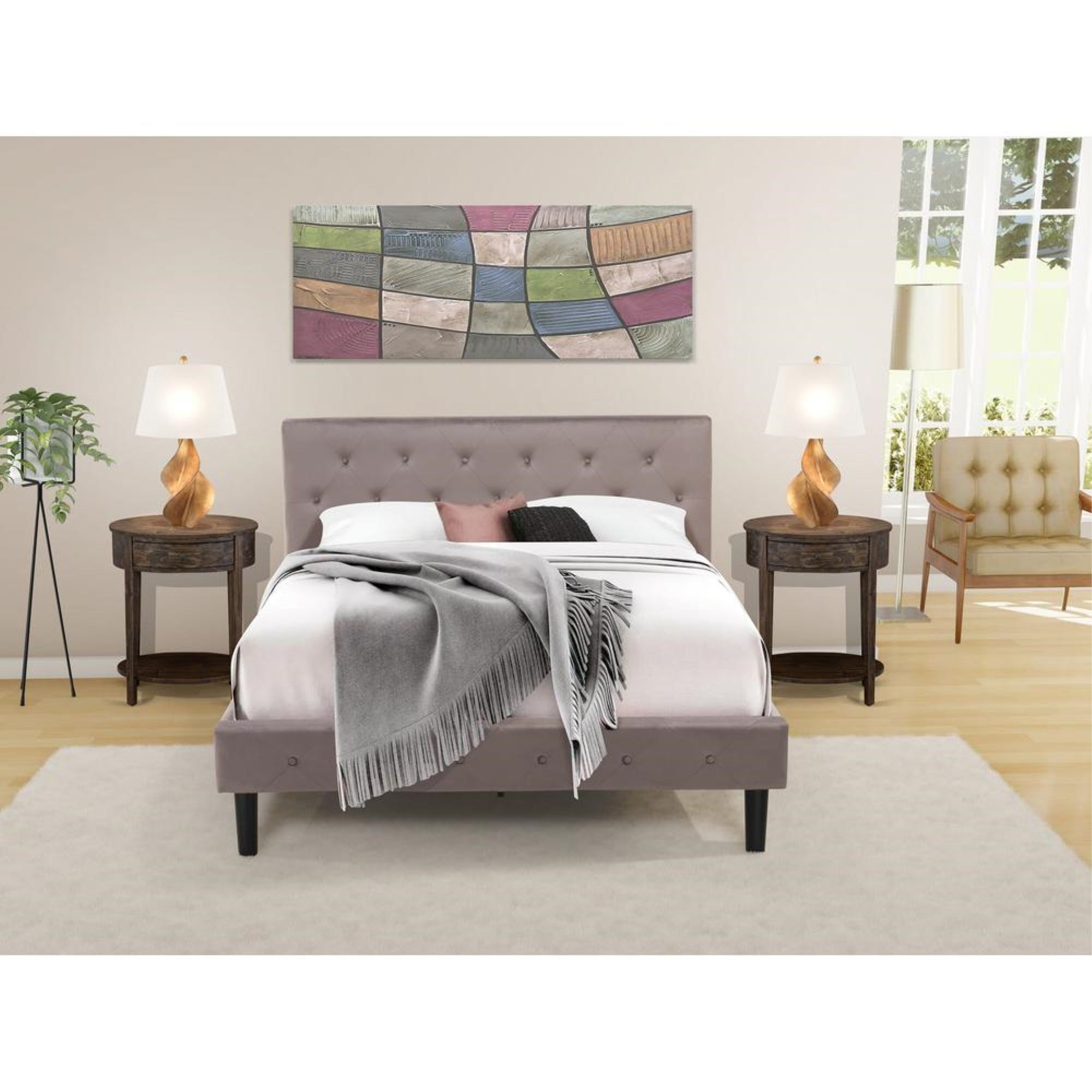 NL14Q-2HI07 3 Piece Bed Set - 1 Bed Brown Taupe Velvet Fabric Headboard and 2 Nightstands - Distressed Jacobean Finish Nightstand