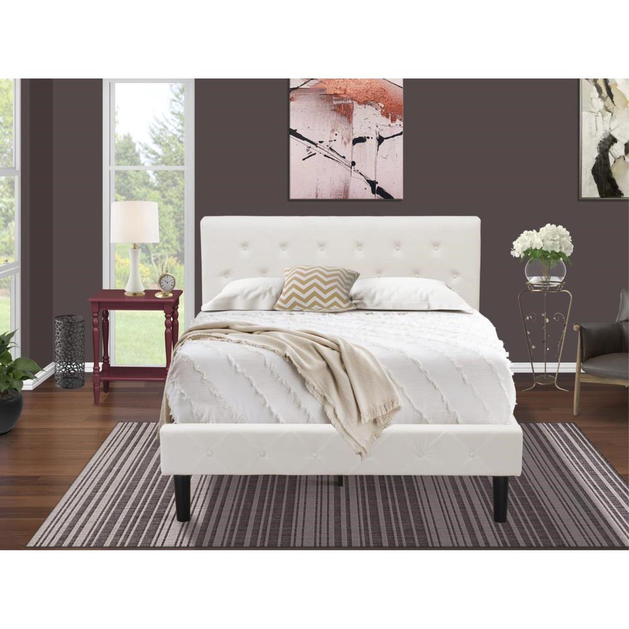 NL19F-1BF13 2 Piece Full Bed Set - 1 Full Bed White Velvet Fabric Headboard and 1 Bedroom Nightstand - Burgundy Finish Nightstand