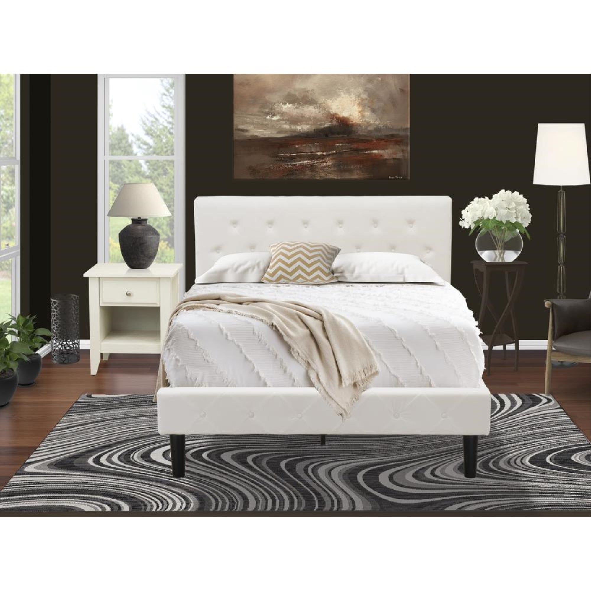 NL19F-1GA0C 2 Piece Bed Set - 1 Bed White Velvet Fabric Headboard and 1 Night Stand - Wire Brushed Butter Cream Finish Nightstand