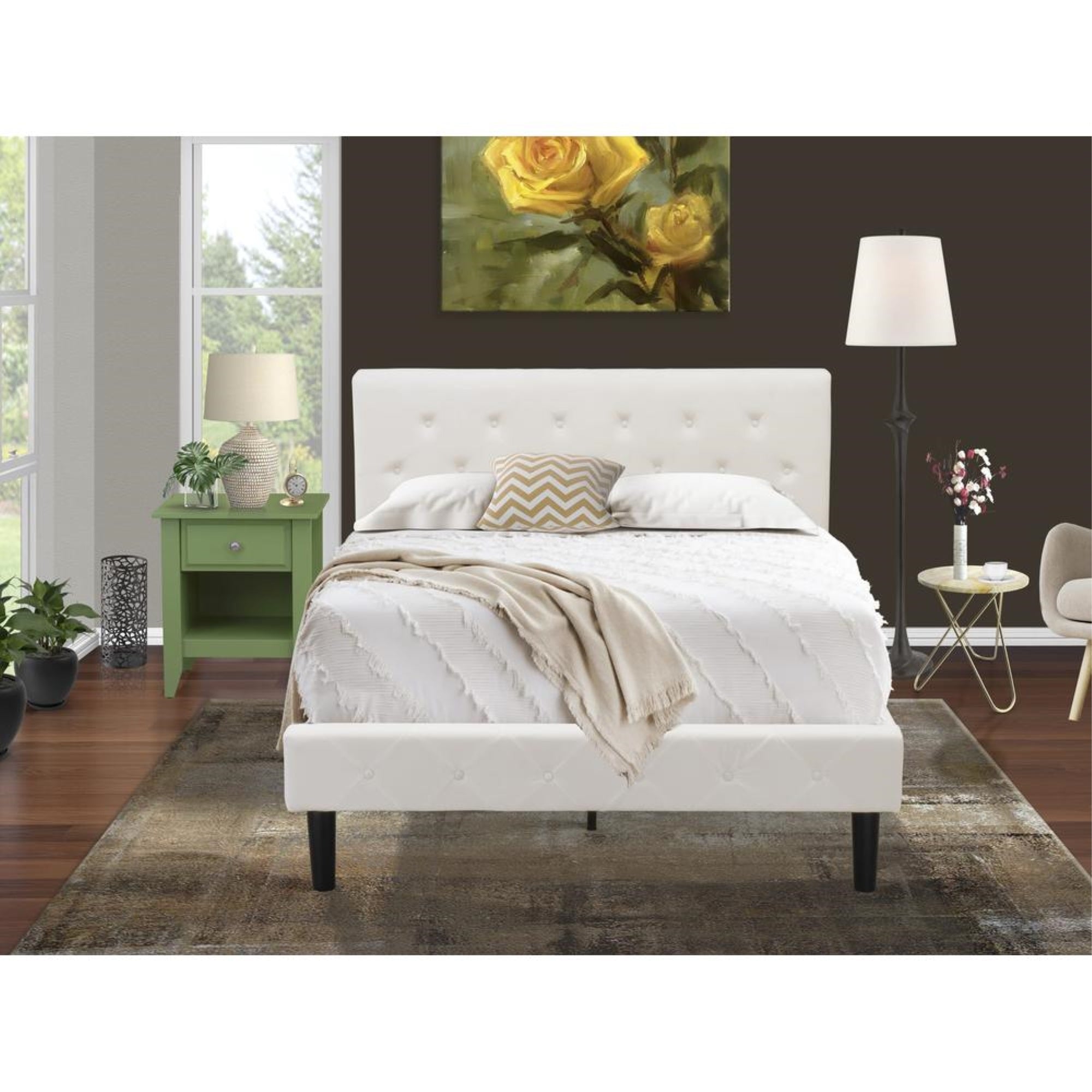 NL19F-1GA12 2 Pc Full Bed Set - 1 Full Bed White Velvet Fabric Headboard and 1 Bedroom Nightstand - Clover Green Finish Nightstand