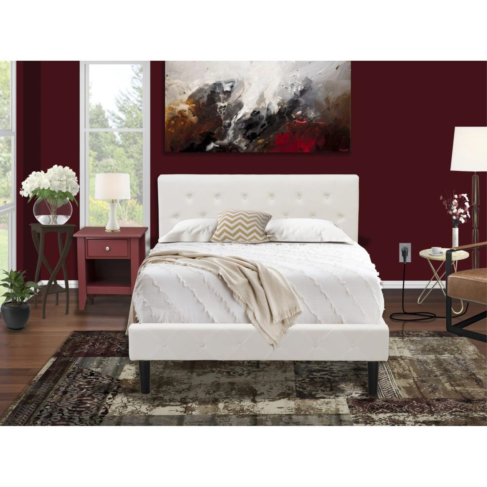NL19F-1GA13 2 Piece Full Bed Set - 1 Full Bed White Velvet Fabric Headboard and 1 Nightstand - Burgundy Finish Nightstand