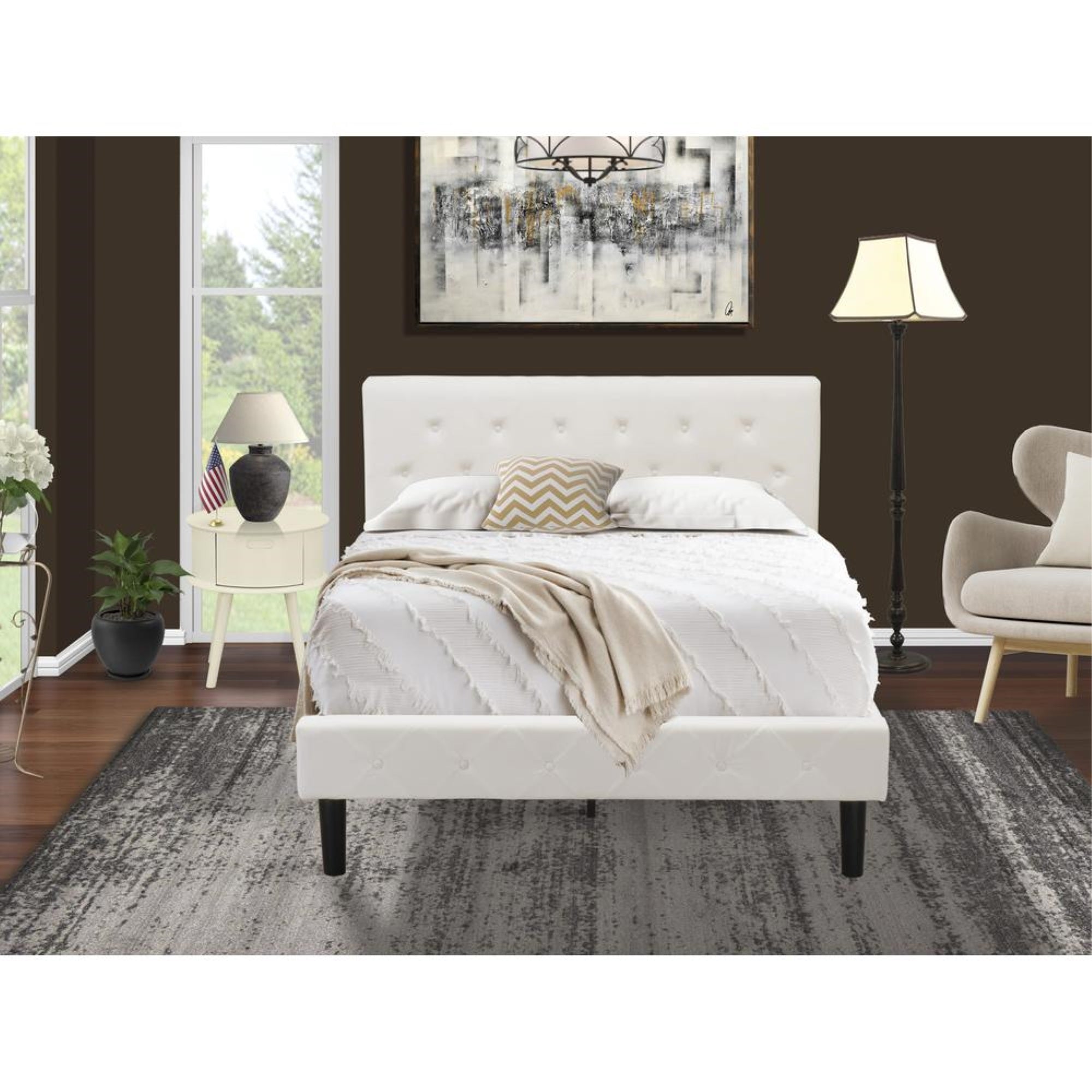 NL19F-1GO05 2 Piece Bedroom Set - 1 Full Size Bed White Velvet Fabric Headboard and 1 Night Stand - White Finish Nightstand