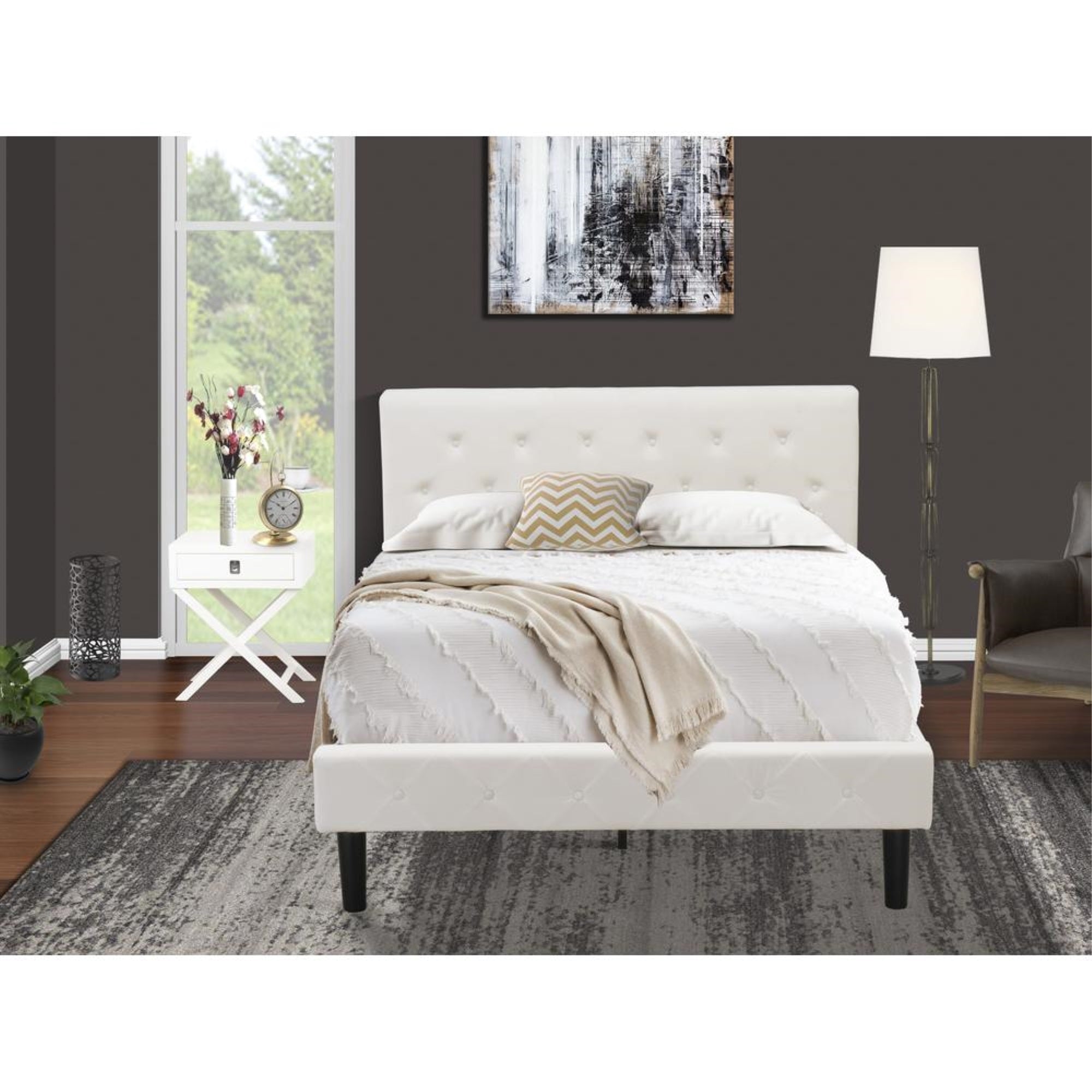 NL19F-1HA05 2 Piece Bedroom Set - 1 Full Bed White Velvet Fabric Headboard and 1 Wood Night Stand - White Finish Nightstand