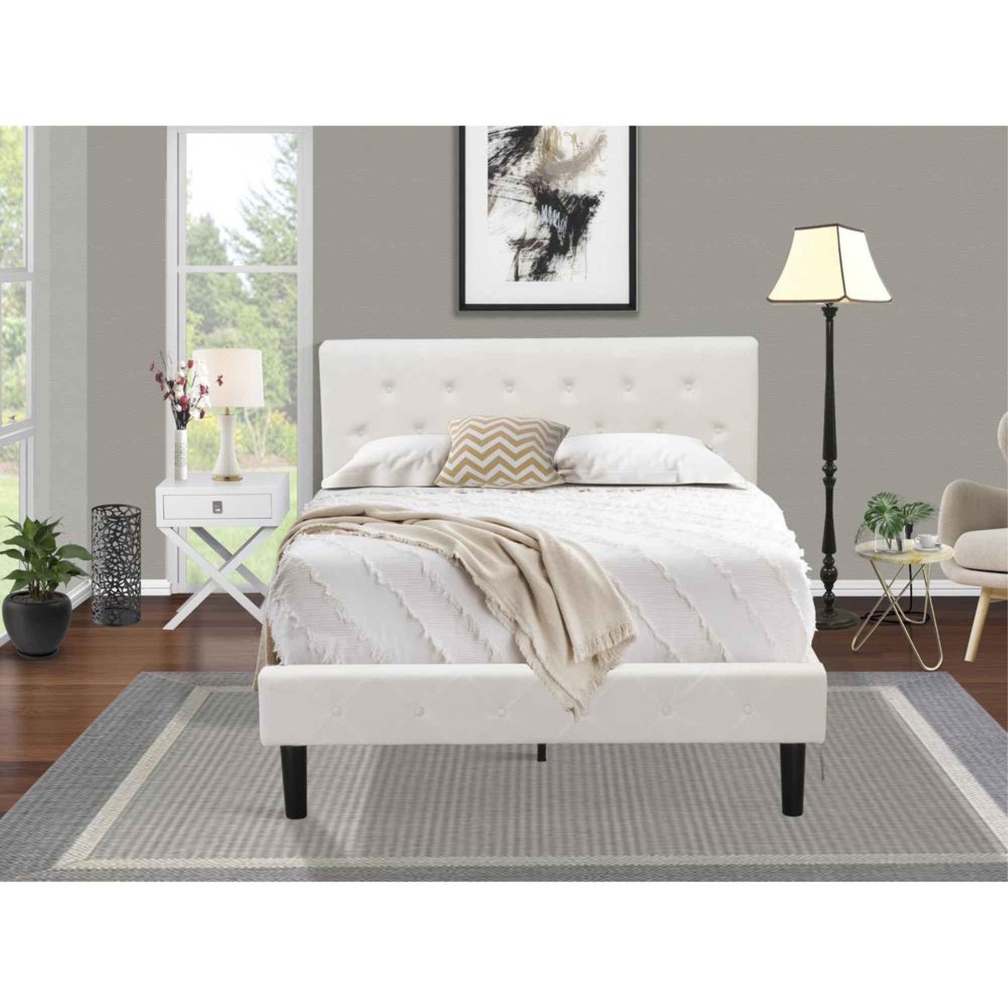 NL19F-1HA14 2 Pc Full Bed Set - 1 Full Size Bed White Velvet Fabric Headboard and 1 Wood Nightstand - Urban Gray Finish Nightstand