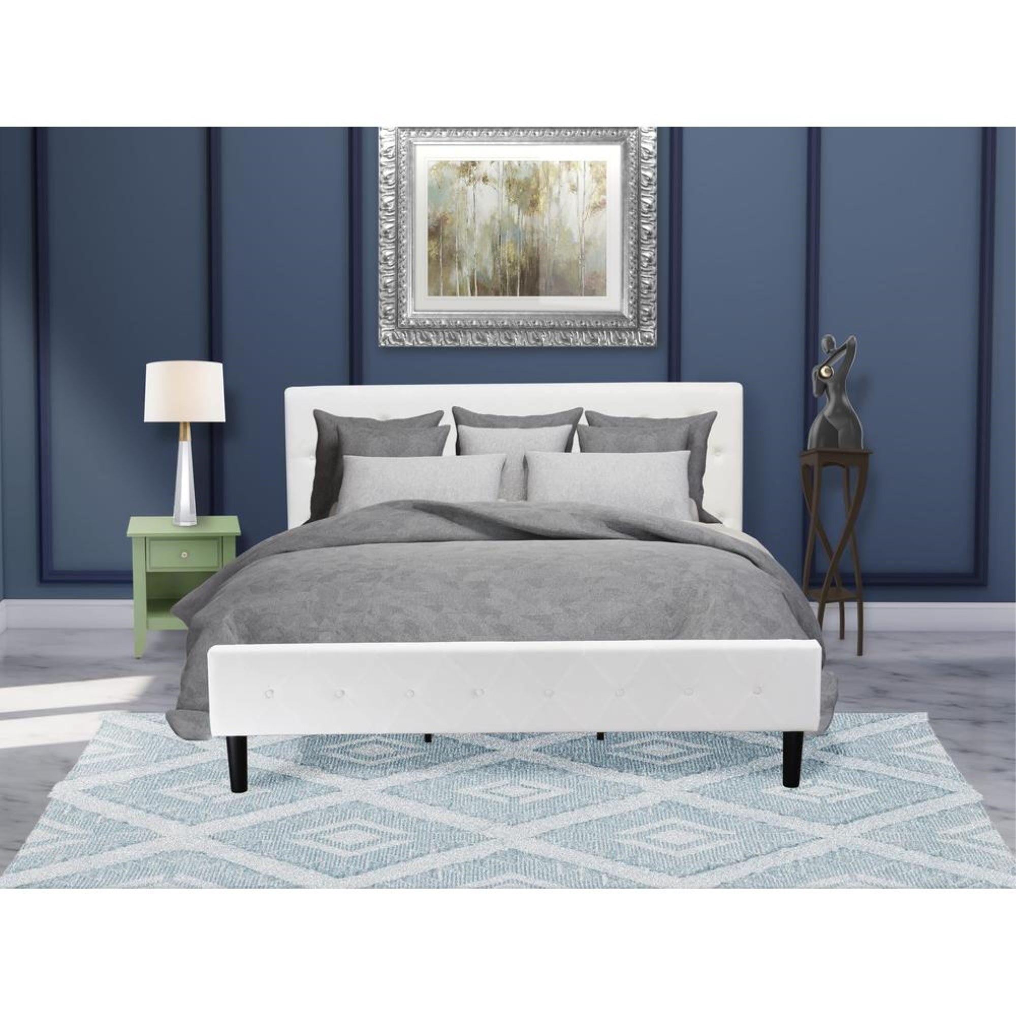NL19K-1GA12 2 Pc Bedroom Set - 1 Modern Bed White Velvet Fabric Headboard and 1 Modern Nightstand - Clover Green Finish Nightstand