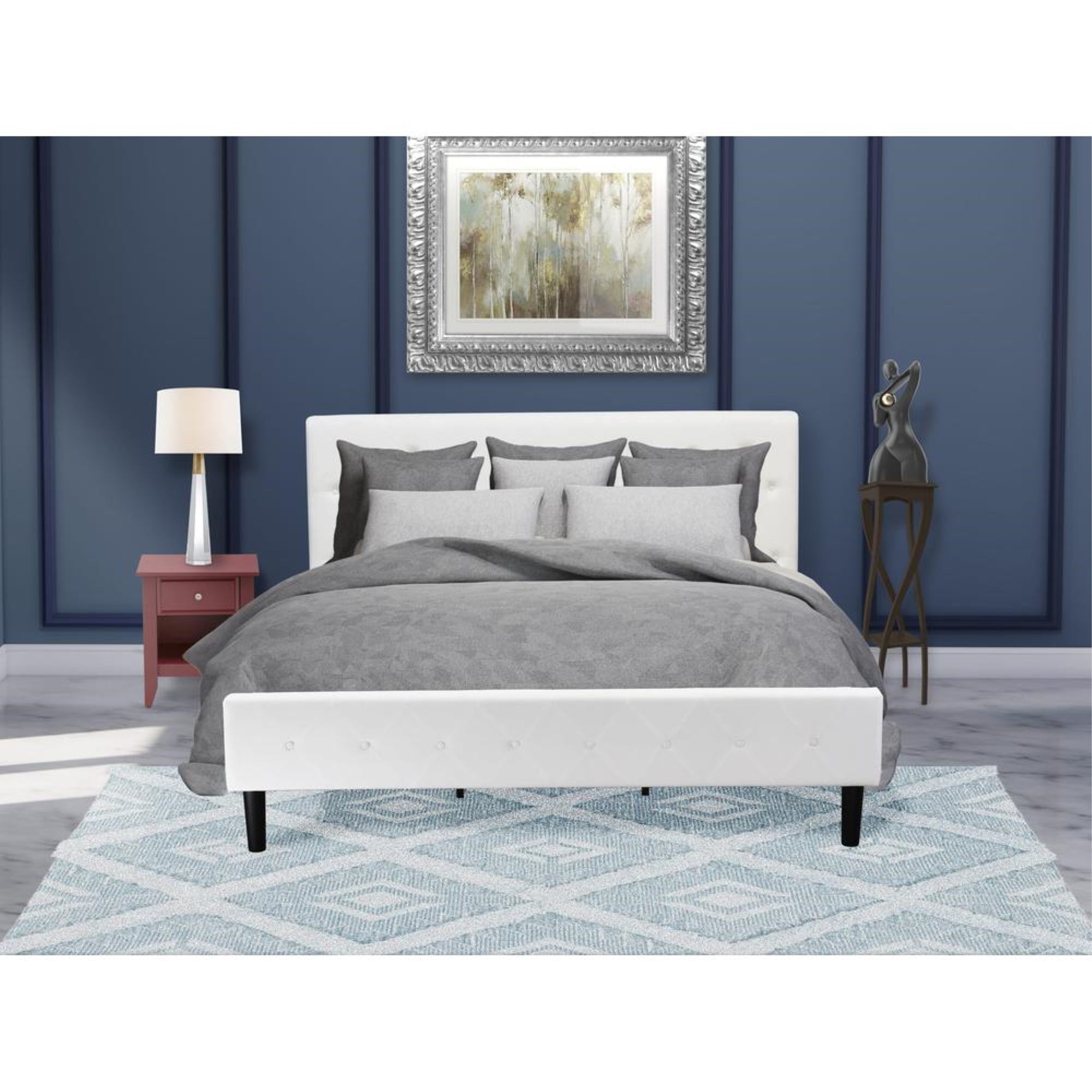 NL19K-1GA13 2 Pc King Size Bed Set - 1 Wood Bed White Velvet Fabric Headboard and 1 Small Night Stand - Burgundy Finish Nightstand