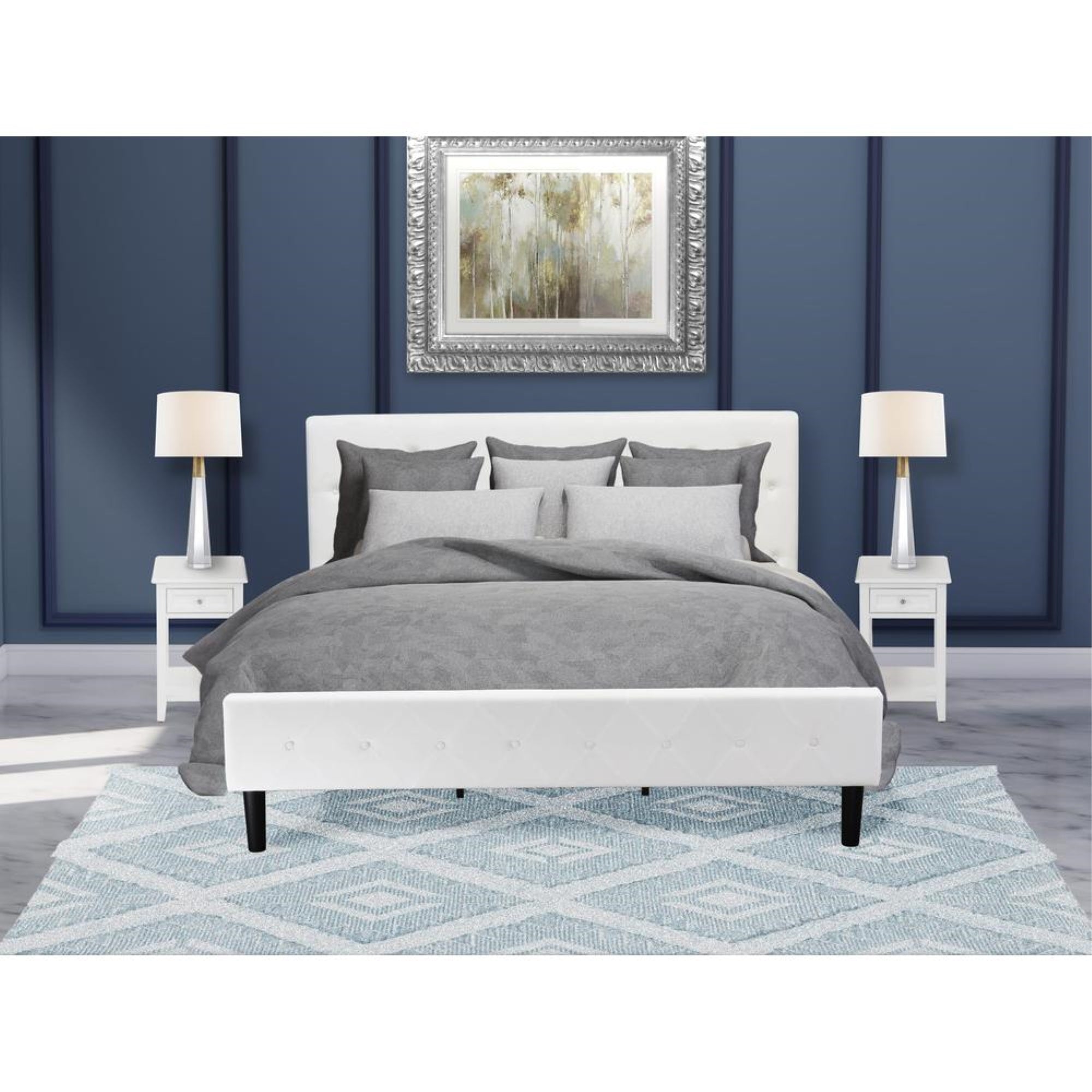 NL19K-2DE05 3 Piece King Bed Set - 1 Bed Frame White Velvet Fabric Headboard and 2 Night Stand - White Finish Nightstand