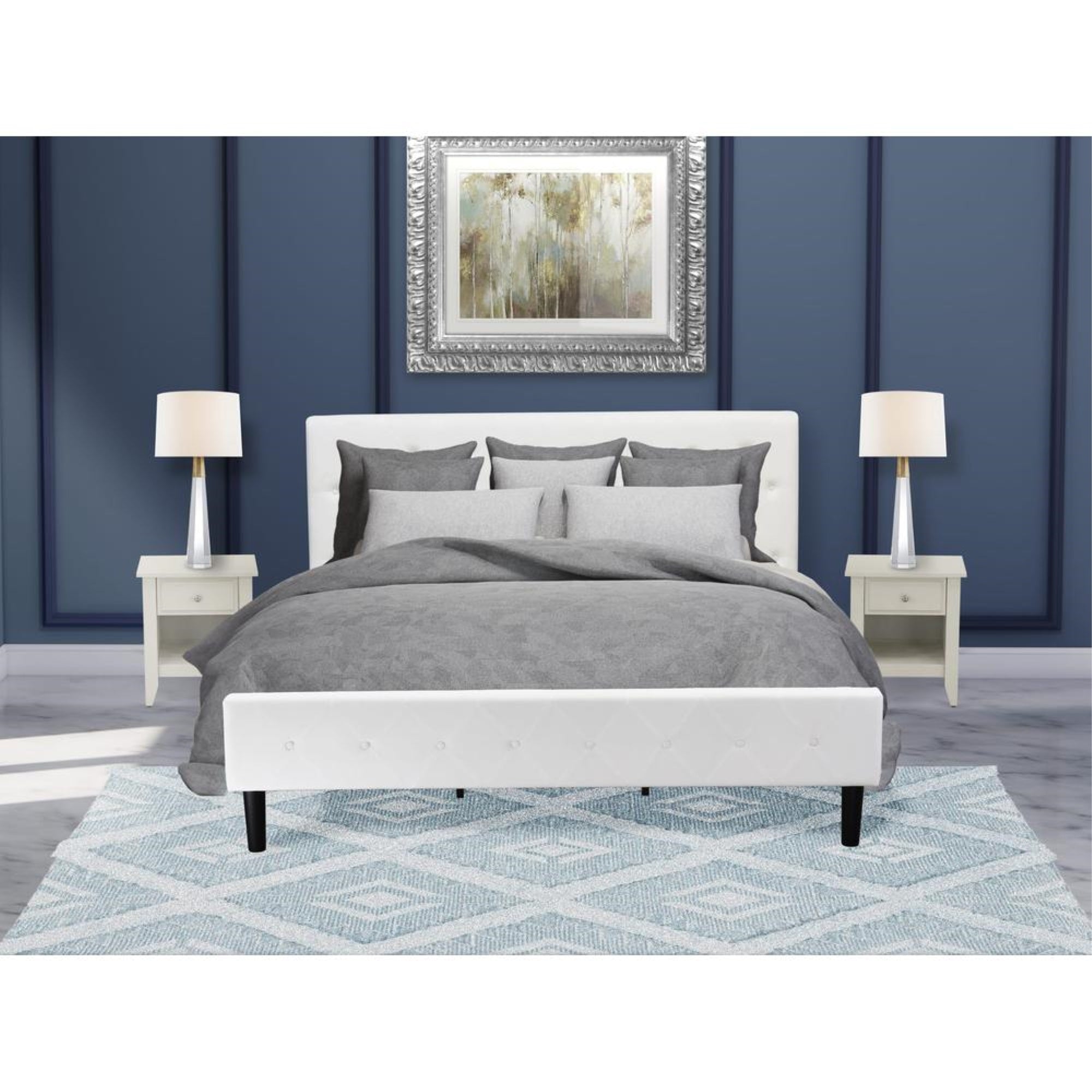 NL19K-2GA0C 3 Piece Bed Set - 1 Bed White Velvet Fabric Headboard and 2 nightstands - Wire Brushed Butter Cream Finish Nightstand