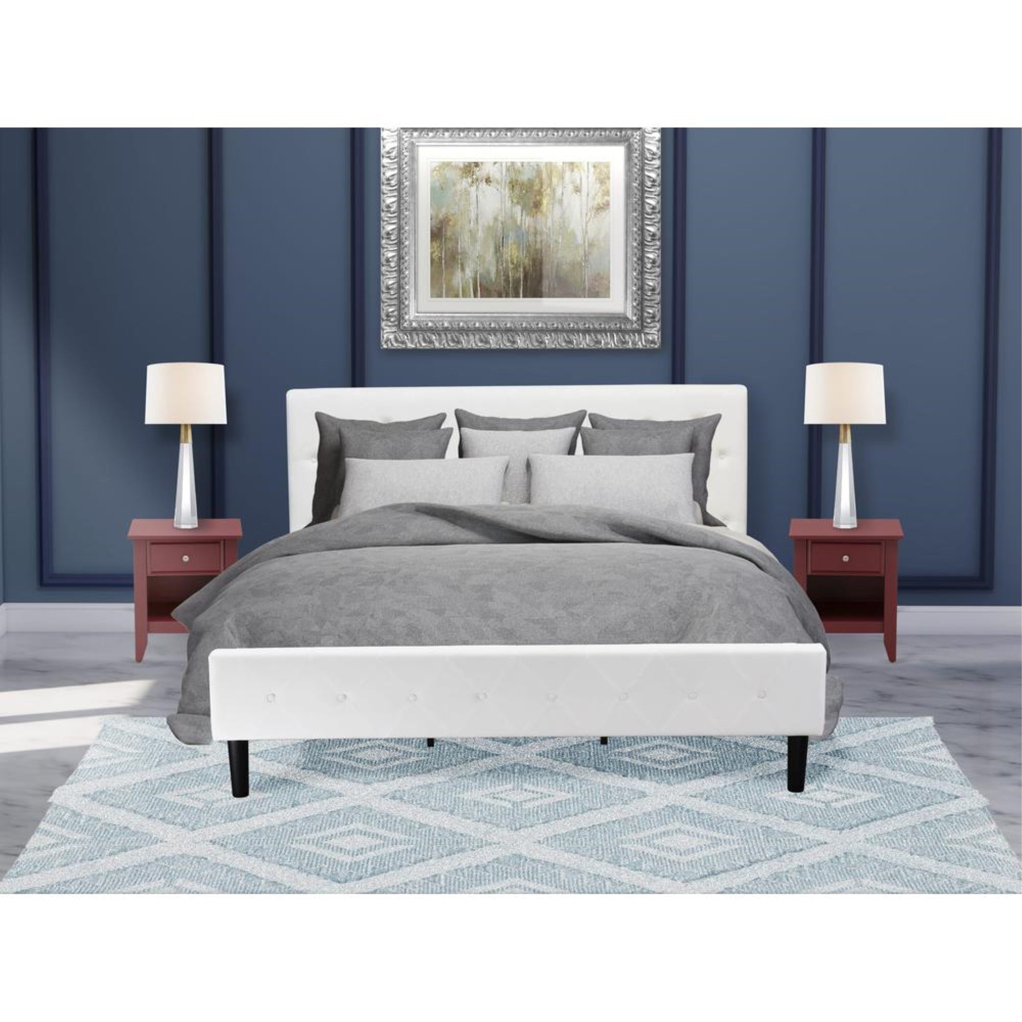NL19K-2GA13 3 Piece Bed Set - 1 Platform Bed White Velvet Fabric Headboard and 2 Night Stand - Burgundy Finish Nightstand