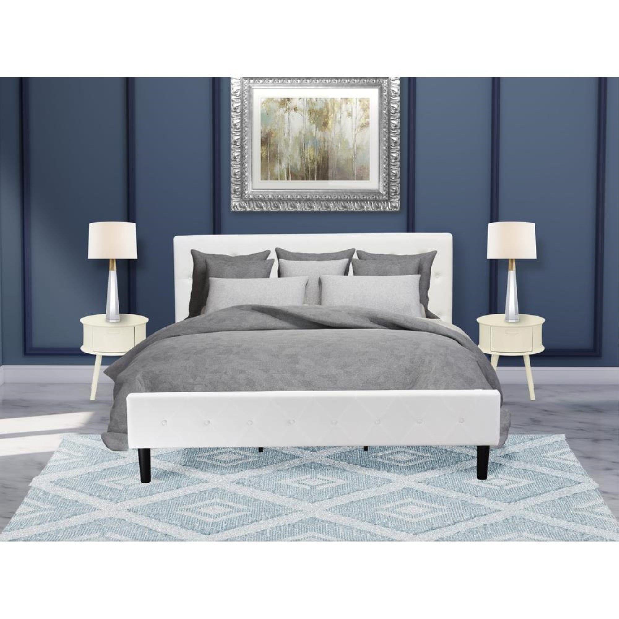 NL19K-2GO05 3 Piece Bed Set - 1 King Bed White Velvet Fabric Headboard and 2 Mid Century Nightstand - White Finish Nightstand