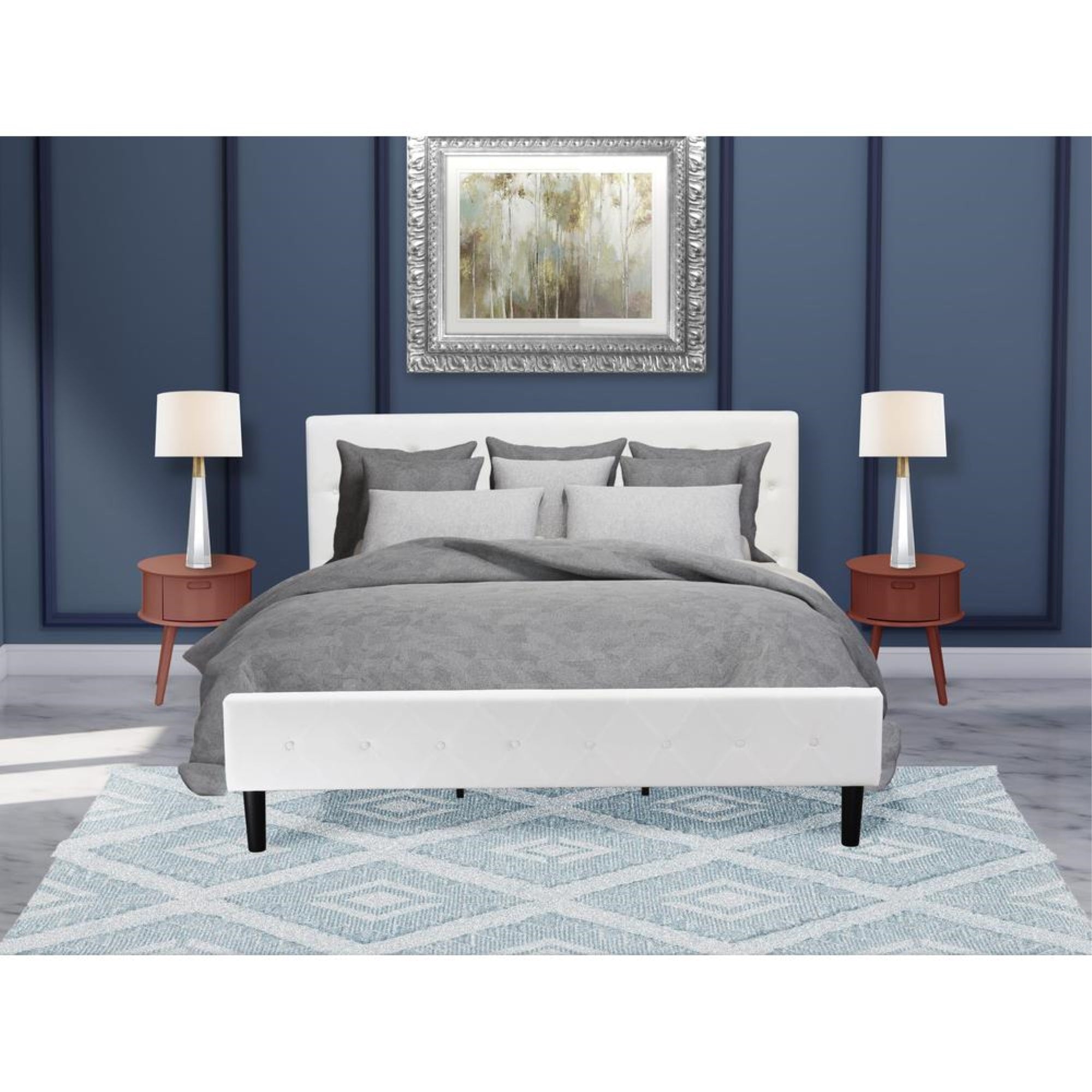 NL19K-2GO13 3 Pc King Bed Set - 1 Platform Bed White Velvet Fabric Headboard and 2 Bedroom Nightstand - Burgundy Finish Nightstand