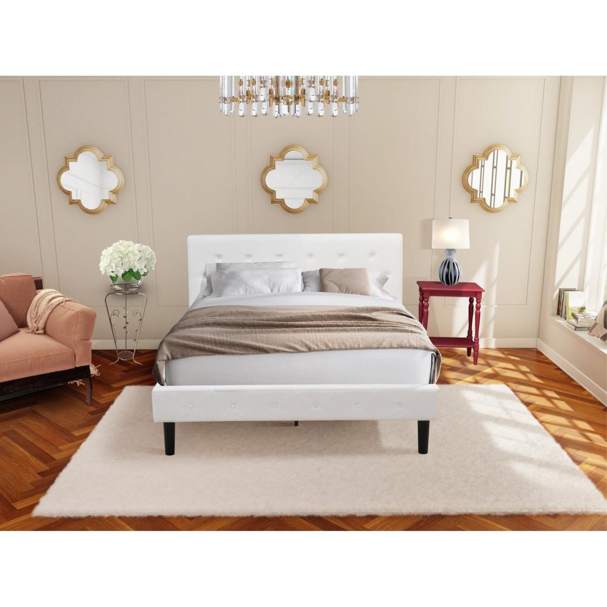 NL19Q-1BF13 2 Pc Queen Size Bedroom Set - 1 Queen Bed White Velvet Fabric Headboard and 1 Night Stand - Burgundy Finish Nightstand