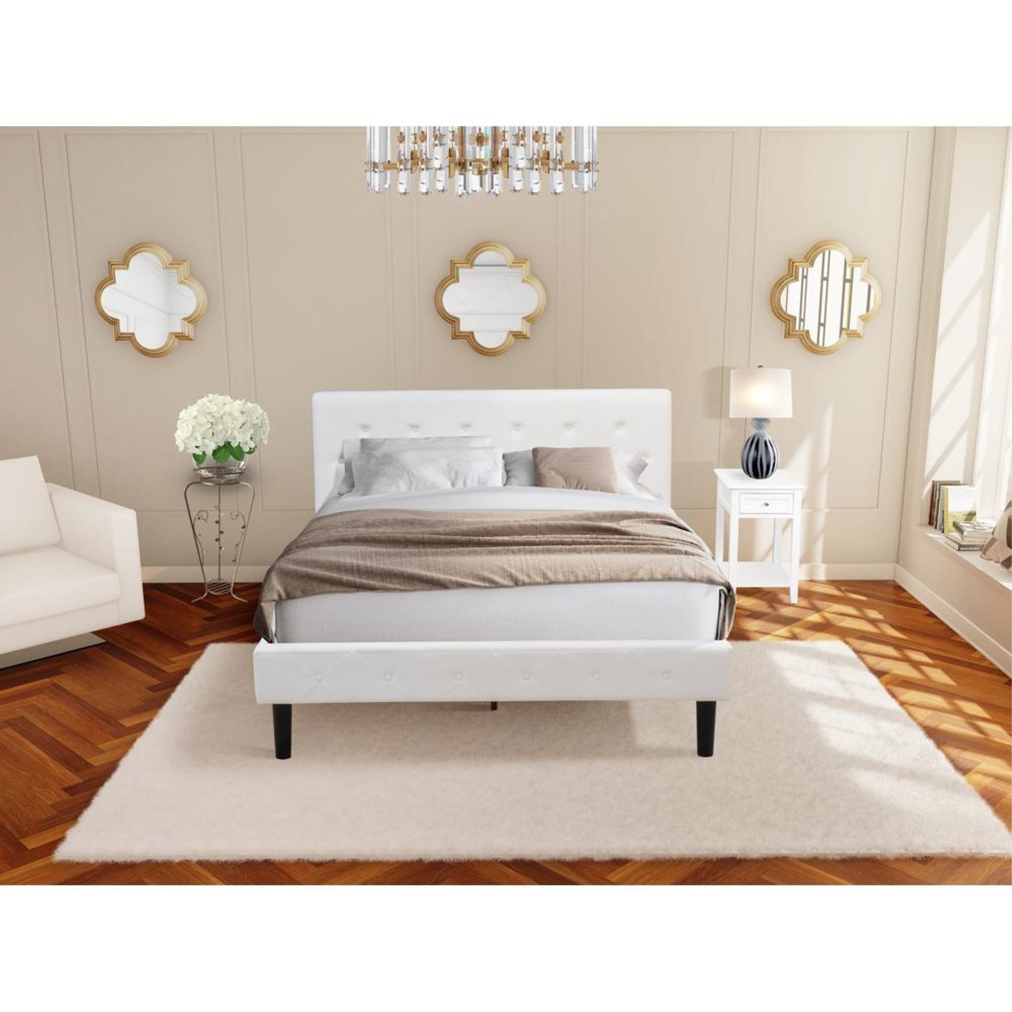 NL19Q-1DE05 2 Pc Queen Size Bedroom Set - 1 Bed White Velvet Fabric Headboard and 1 Wooden Night Stand - White Finish Nightstand