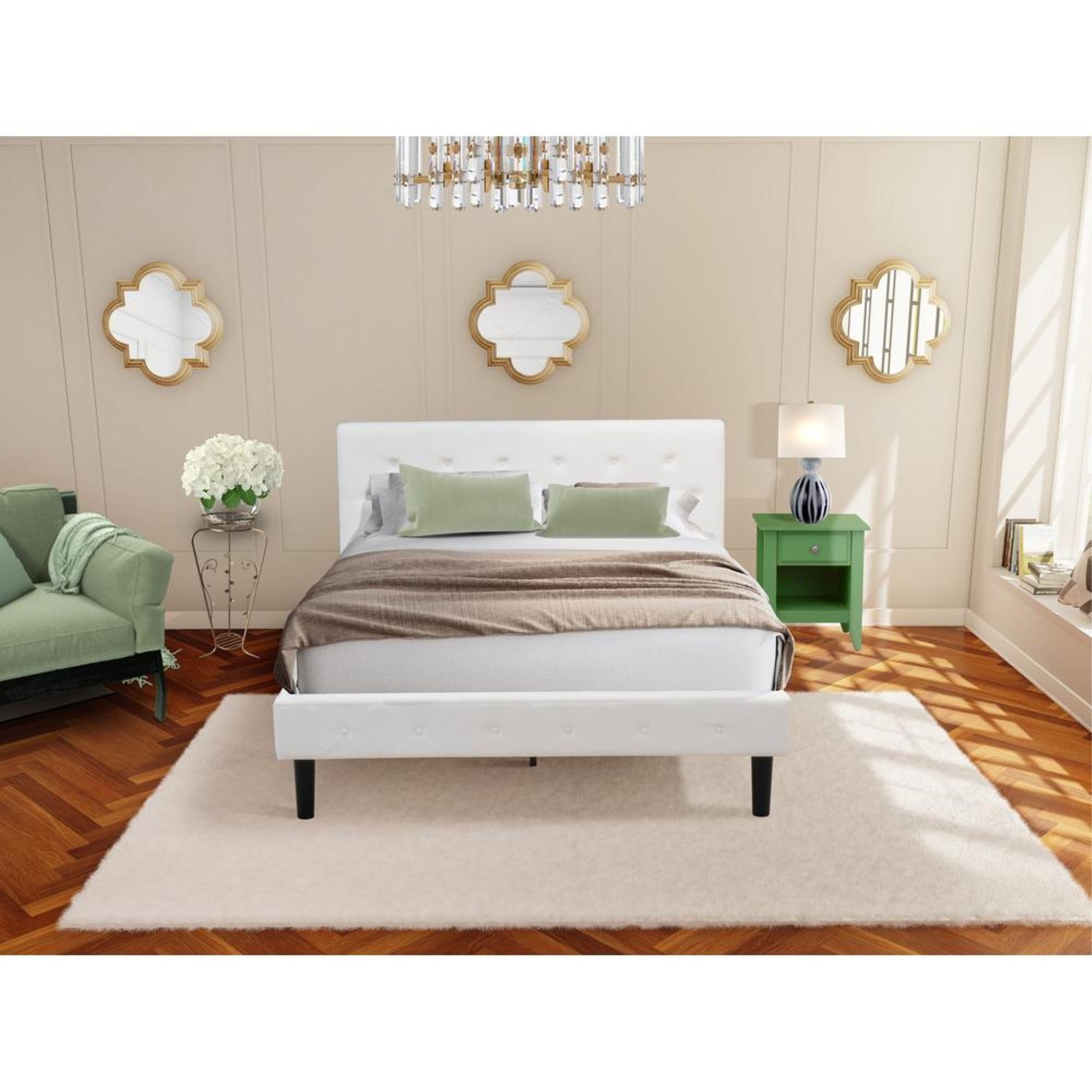 NL19Q-1GA12 2 Piece Bedroom Set - 1 Platform Bed White Velvet Fabric Headboard and 1 Nightstand - Clover Green Finish Nightstand