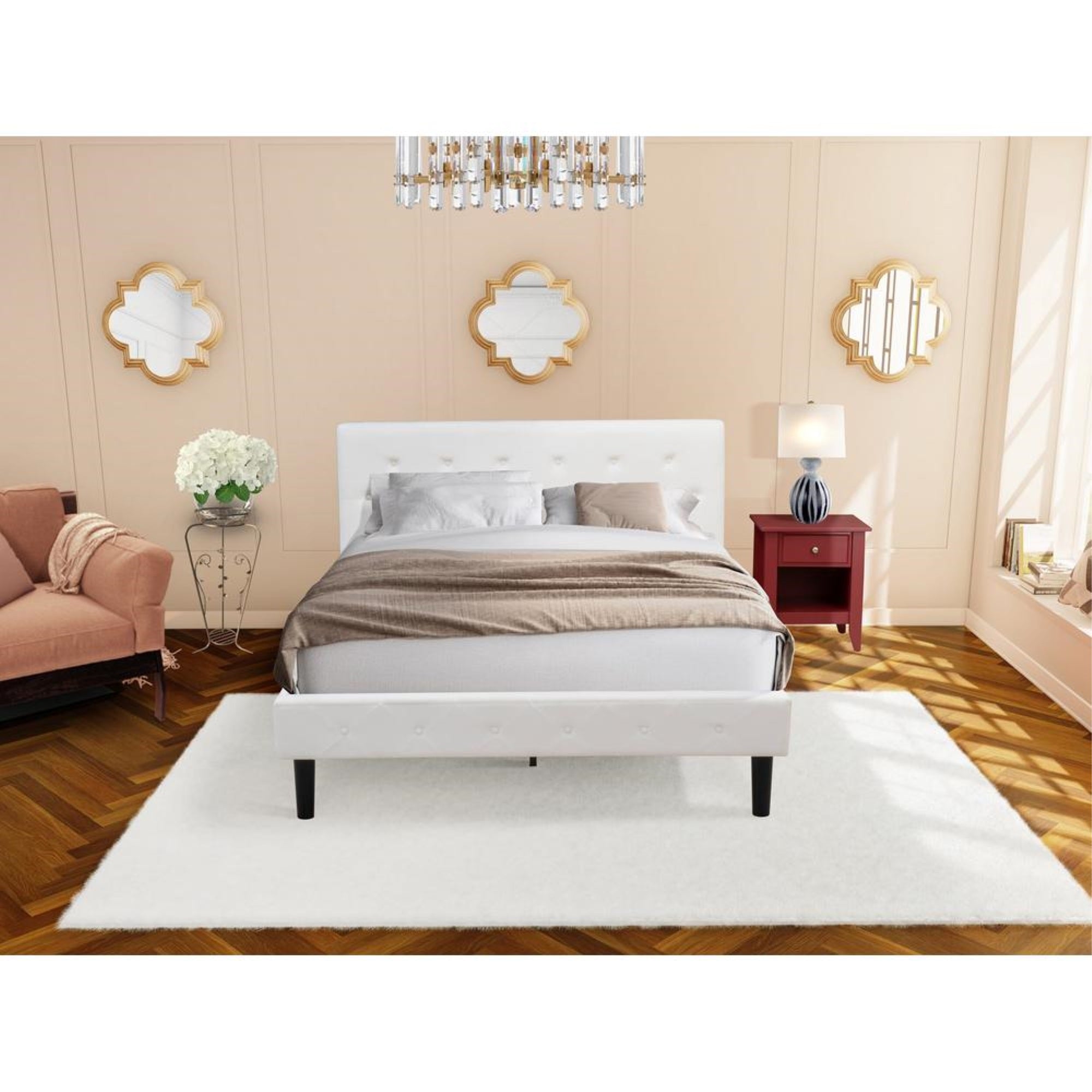 NL19Q-1GA13 2 Piece Queen Bedroom Set - 1 Wooden Bed White Velvet Fabric Headboard and 1 Night Stand - Burgundy Finish Nightstand