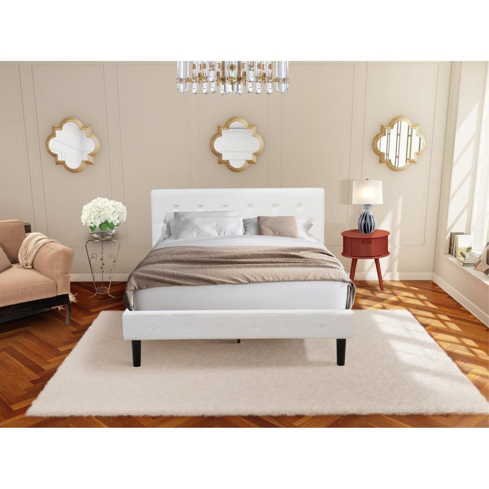 NL19Q-1GO13 2 Piece Bed Set - 1 Queen Bed White Velvet Fabric Headboard and 1 Wooden Night Stand - Burgundy Finish Nightstand