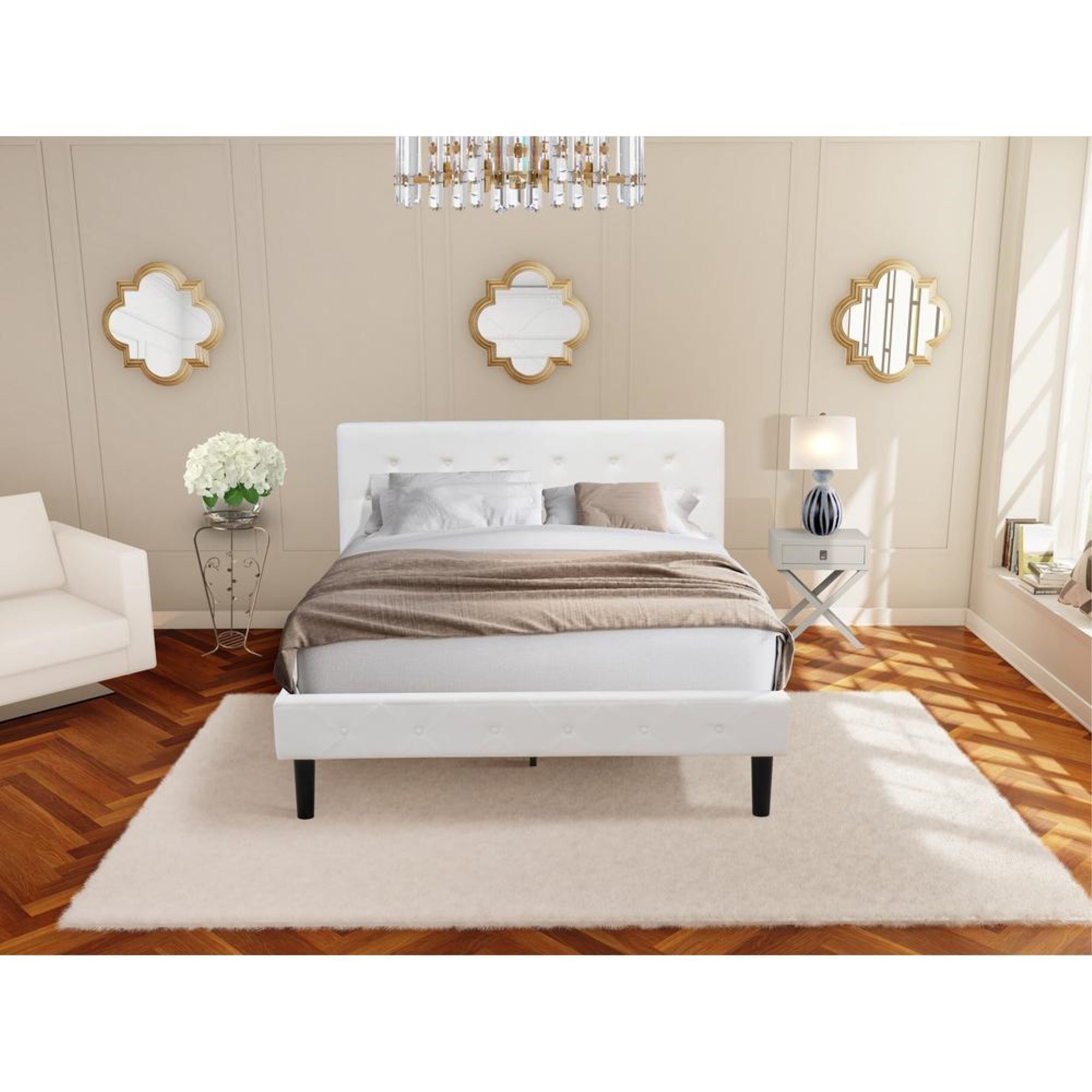 NL19Q-1HA14 2 Pc Bed Set - 1 Queen Bed White Velvet Fabric Headboard and 1 Mid Century Nightstand - Urban Gray Finish Nightstand