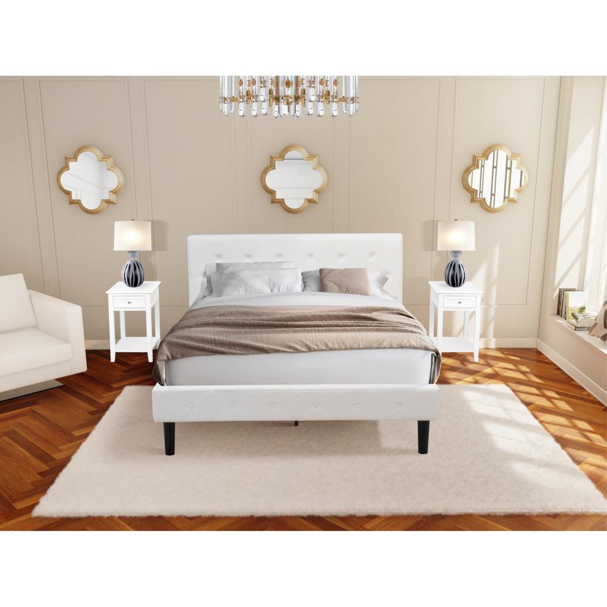 NL19Q-2DE05 3 Piece Bedroom Set - 1 Queen Bed White Velvet Fabric Headboard and 2 Bedroom Nightstand - White Finish Nightstand