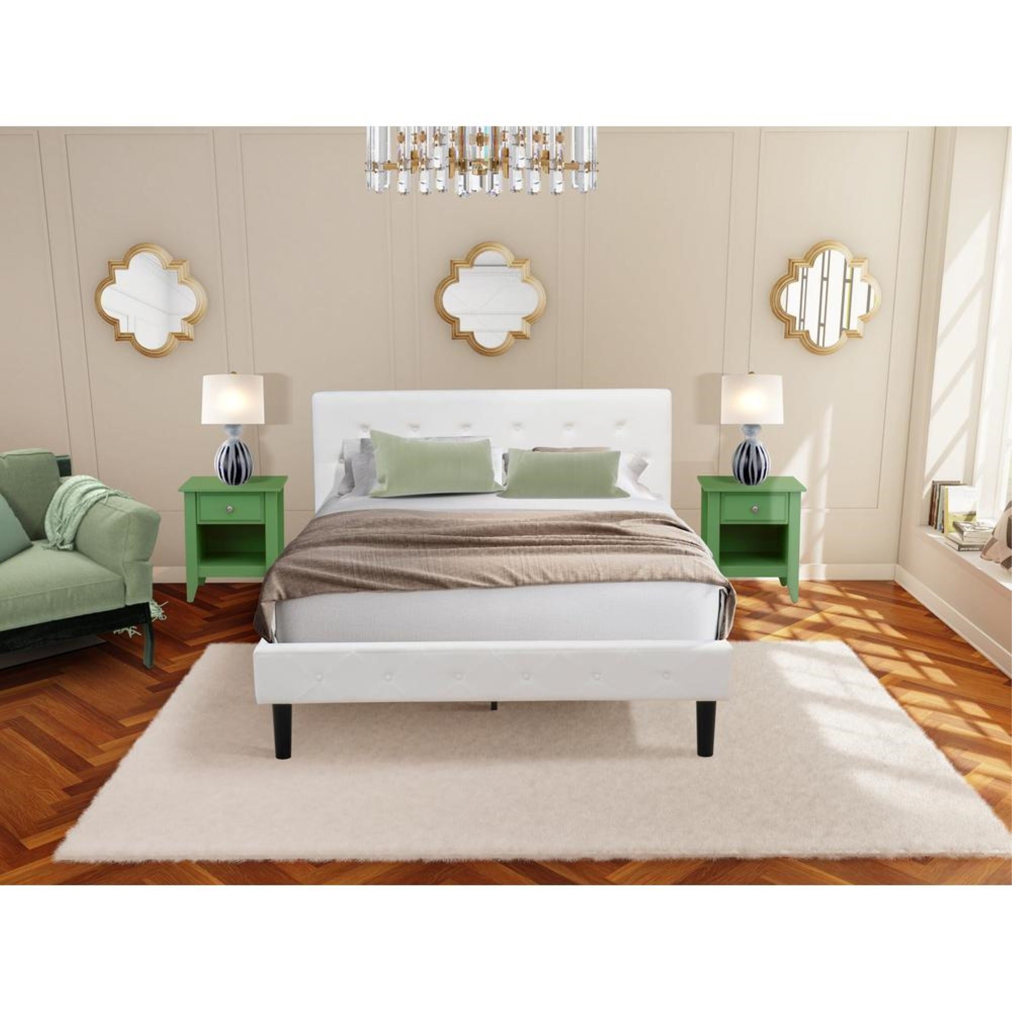 NL19Q-2GA12 3 Pc Queen Bed Set - 1 Queen Bed White Velvet Fabric Headboard and 2 Small Nightstand - Clover Green Finish Nightstand