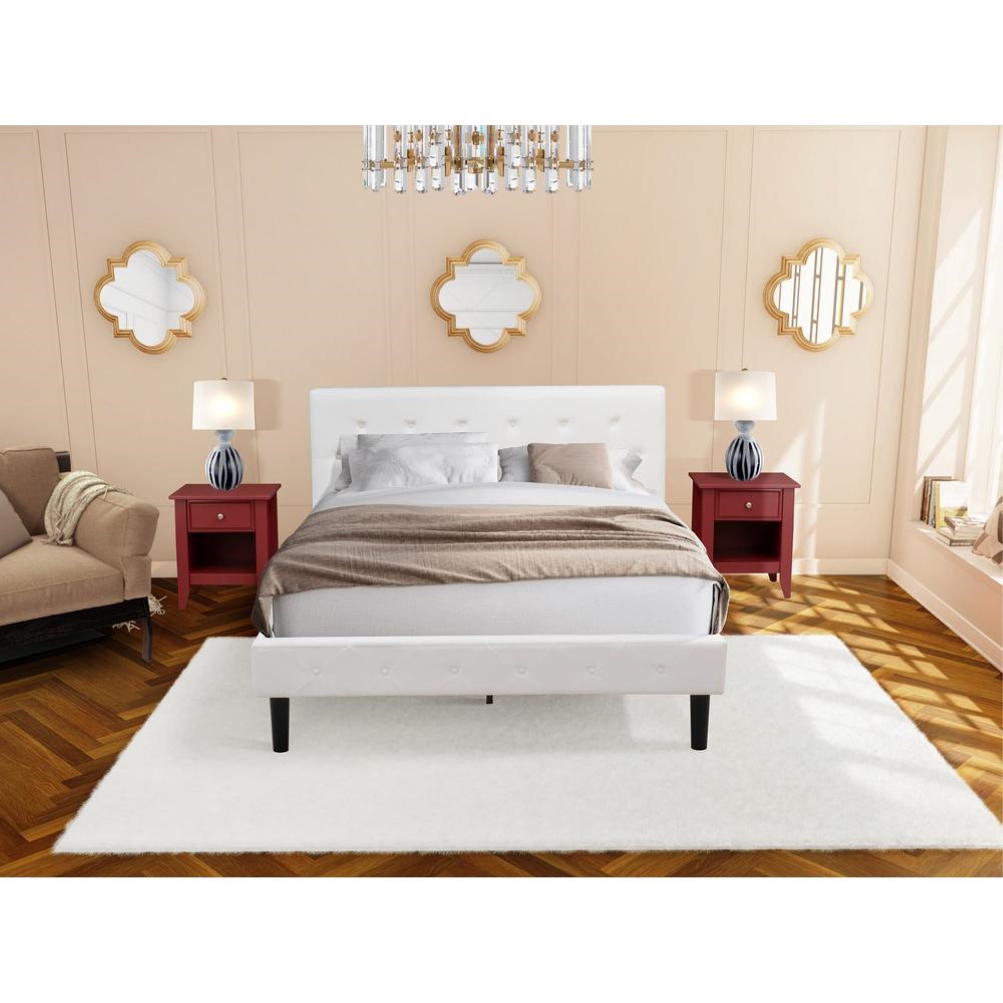 NL19Q-2GA13 3 Pc Queen Bed Set - 1 Wooden Bed White Velvet Fabric Headboard and 2 Wood Nightstand - Burgundy Finish Nightstand