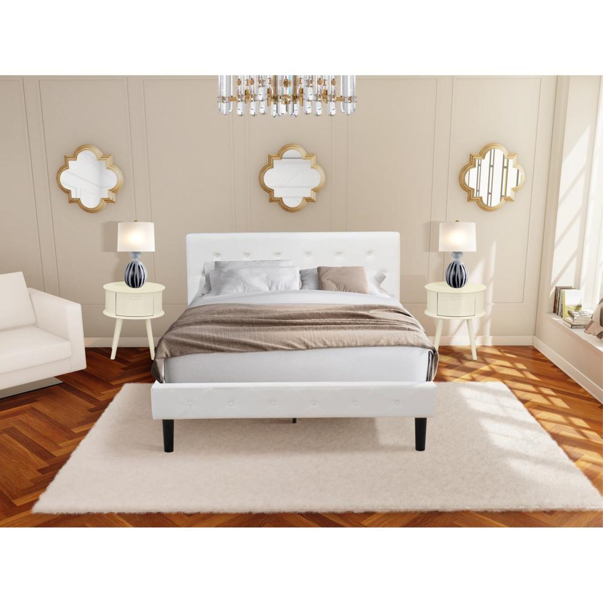 NL19Q-2GO05 3 Pc Queen Bed Set - 1 Queen Bed Frame White Velvet Fabric Headboard and 2 Wood Night Stand - White Finish Nightstand
