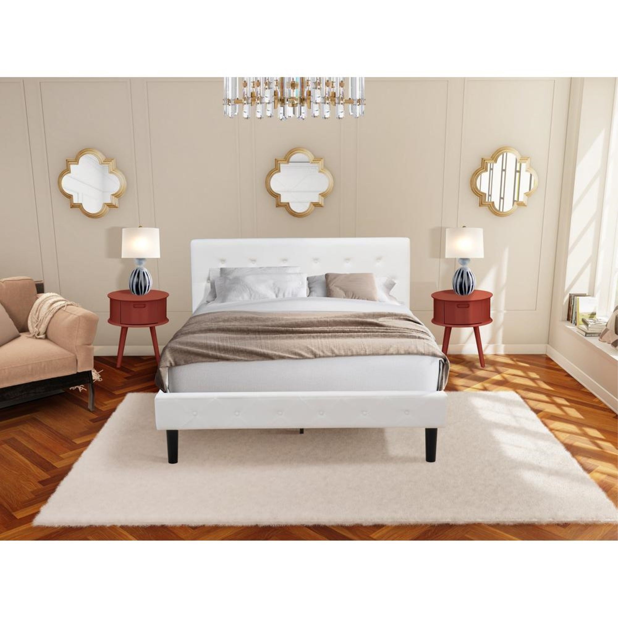 NL19Q-2GO13 3 Piece Bed Set - 1 Bed White Velvet Fabric Headboard and 2 Night Stands for Bedrooms - Burgundy Finish Nightstand