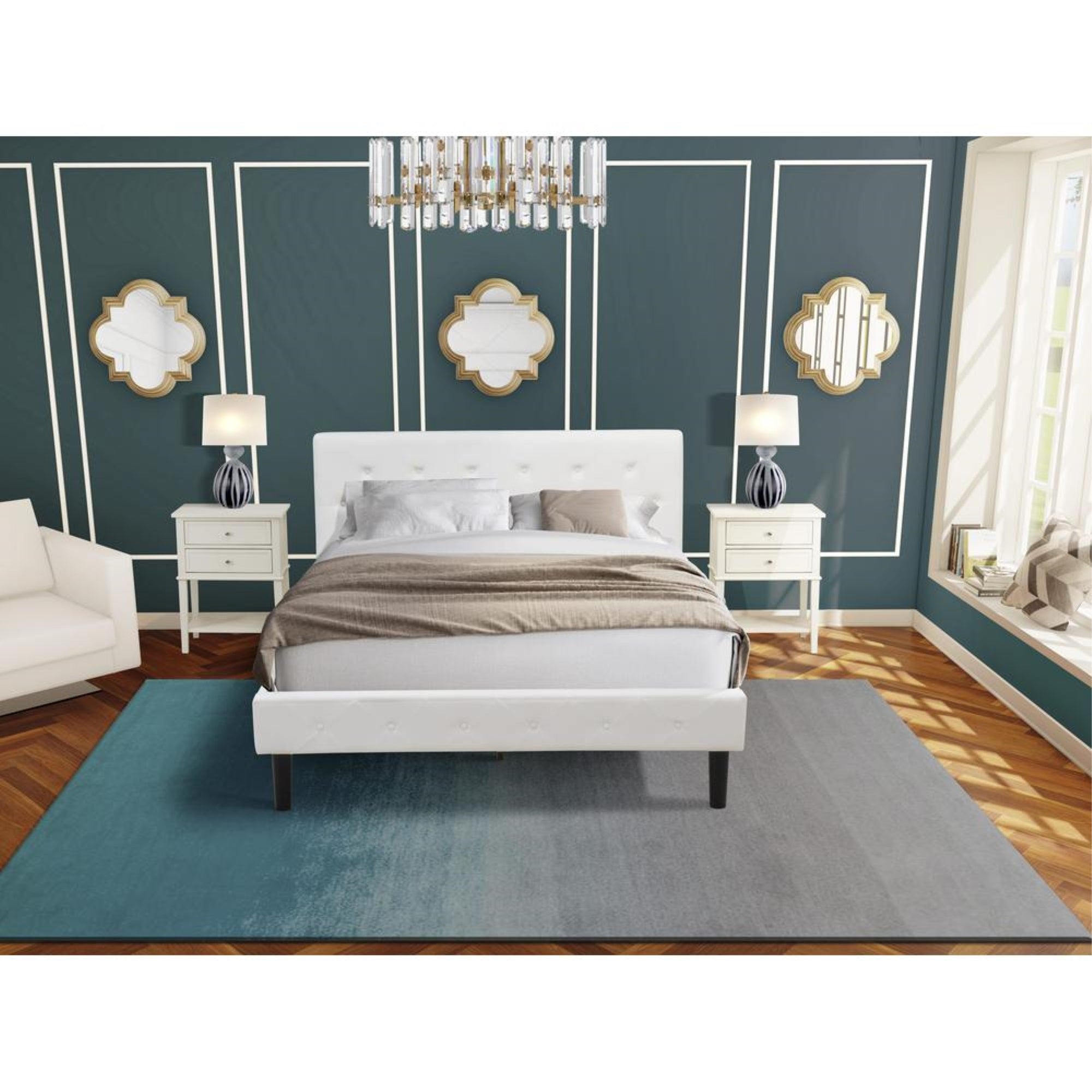 NL19Q-2VL0C 3 Piece Bed Set - 1 Bed White Velvet Fabric Headboard and 2 Nightstands - Wire Brushed Butter Cream Finish Nightstand
