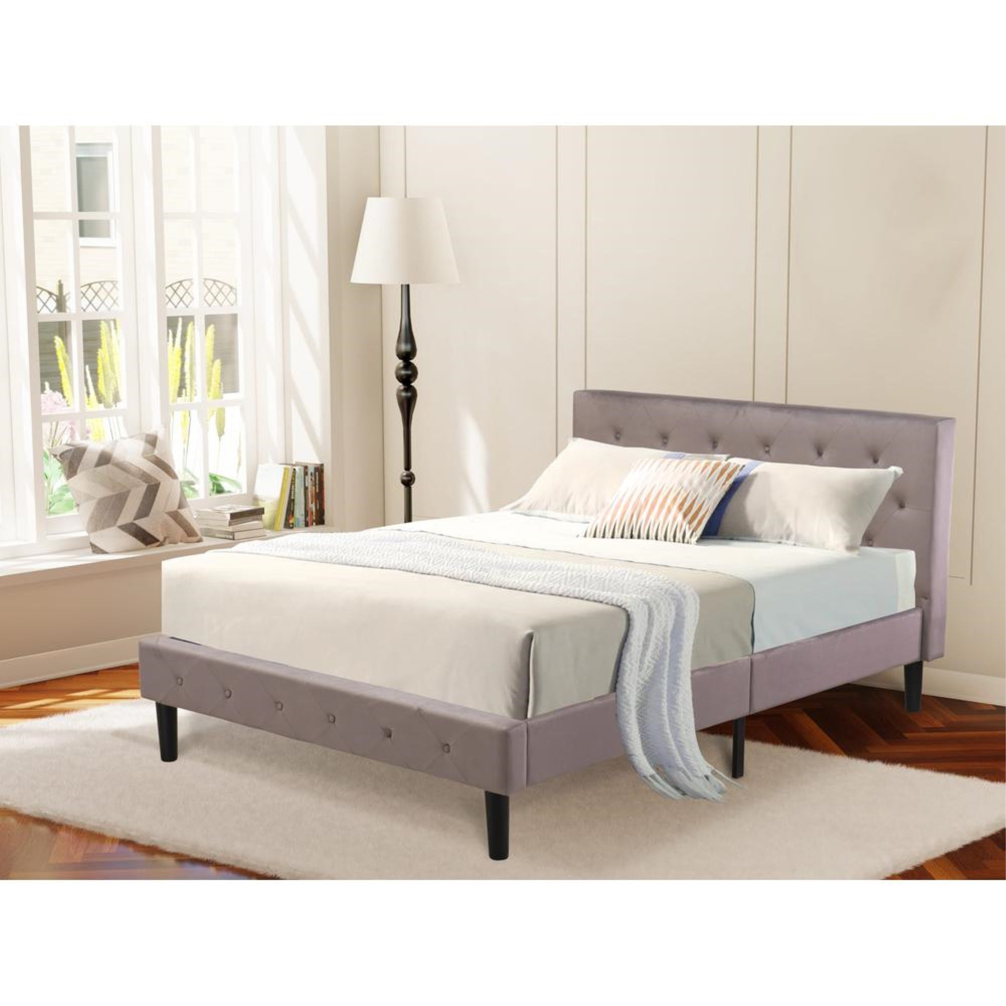 NLF-14-F Nolan Platform Bed - Button Tufted Brown Taupe Velvet Fabric Padded Headboard & Footboard, Black Legs, Full Size