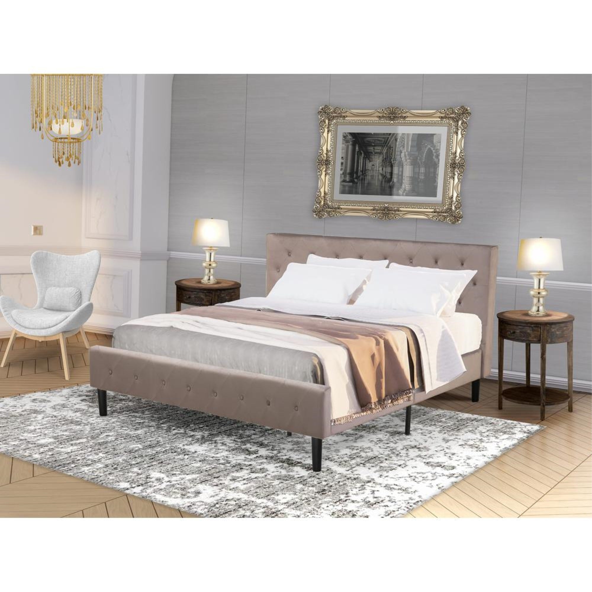 NLF-14-K Nolan Platform Bed Frame-Button Tufted Brown Taupe Velvet Fabric Upholstered Headboard & Footboard, Black Legs, King Size