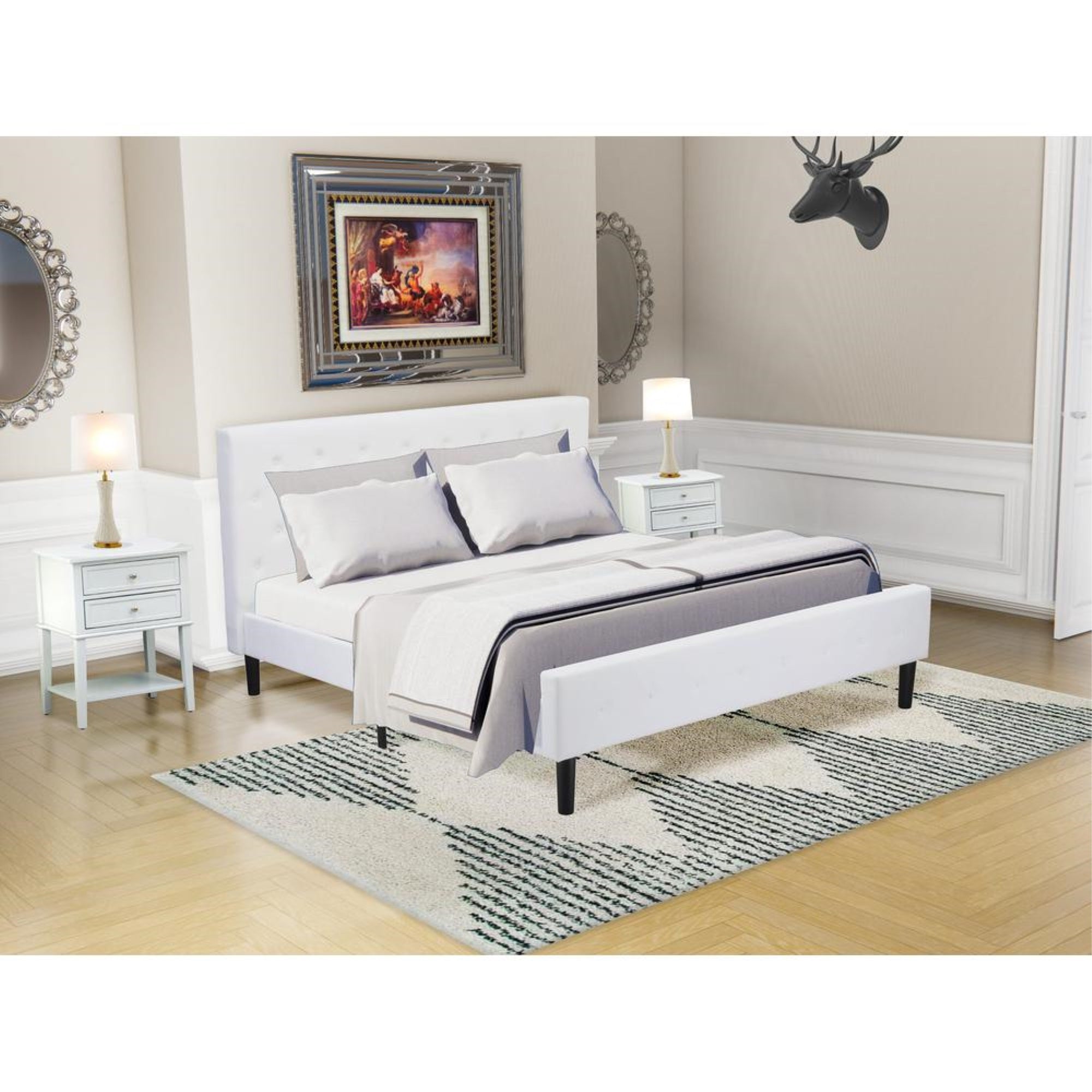 NLF-19-K Nolan Platform Bed - Button Tufted White Velvet Fabric Upholstered Headboard & Footboard, Black Legs, King Size
