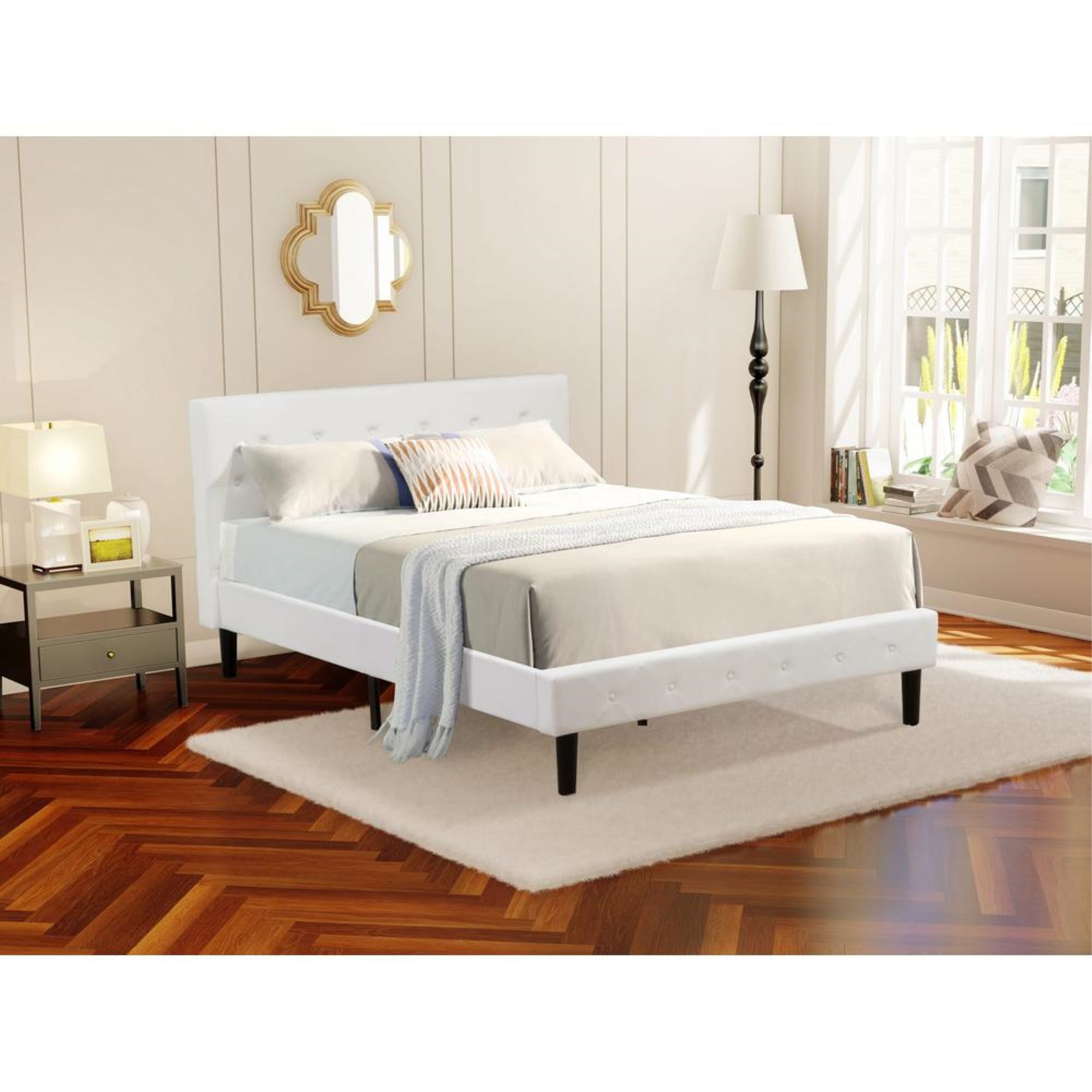 NLF-19-Q Nolan Platform Bed Frame - Button Tufted White Velvet Fabric Padded Headboard & Footboard, Black Legs, Queen Size