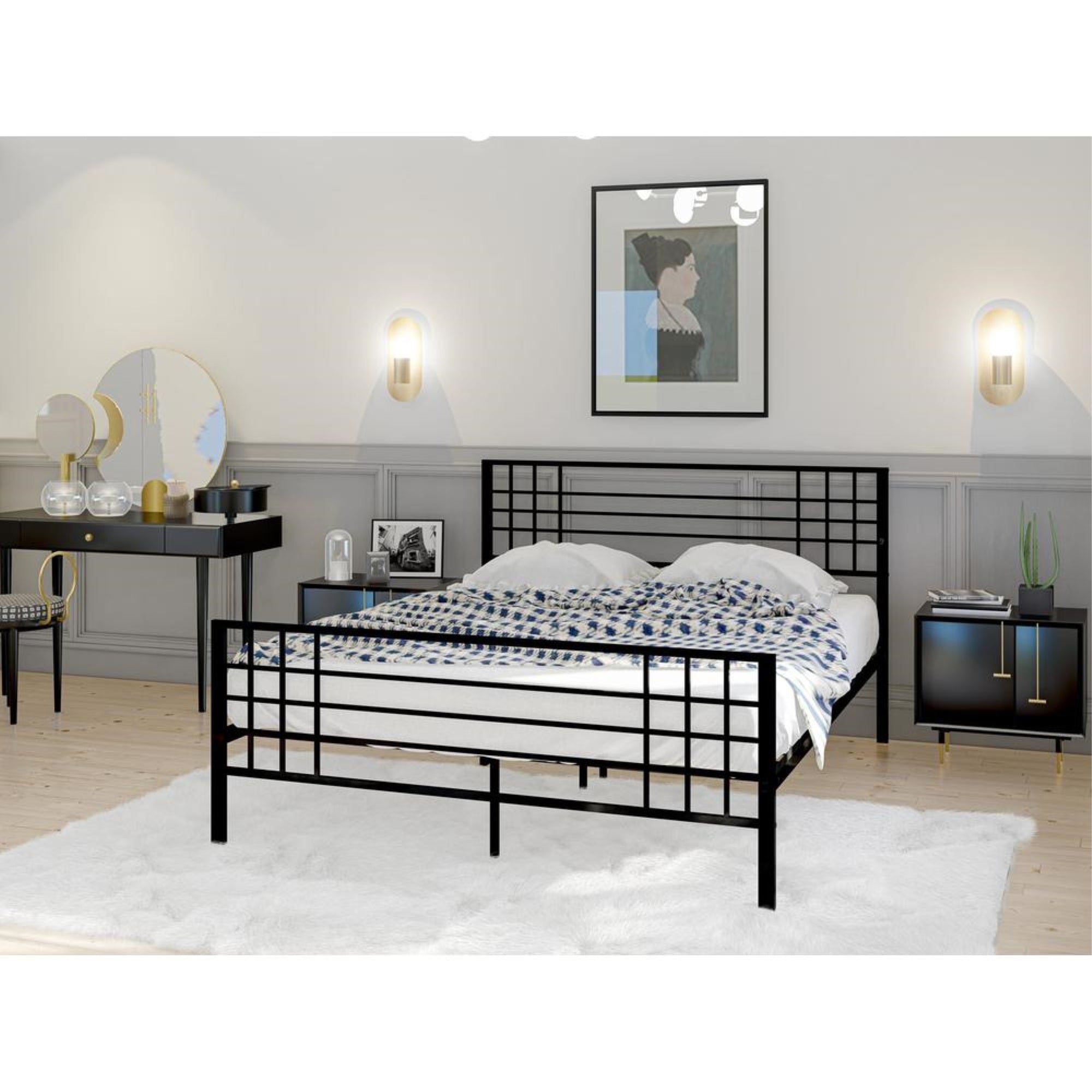 Tyler Queen Platform Bed with 9 Metal Legs - Magnificent Bed in Powder Coating Black Color