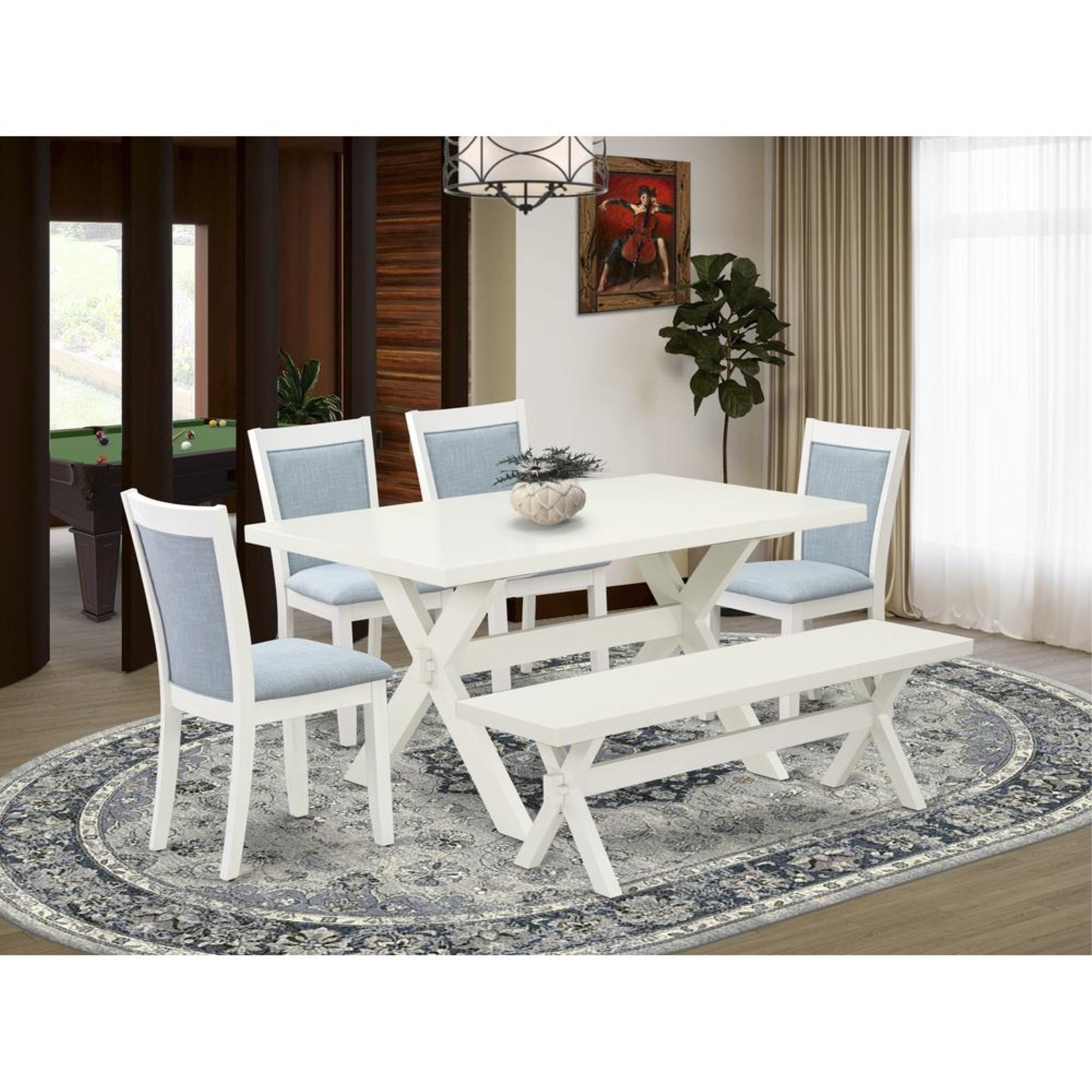 X026MZ015-6 6-Pc Dining Set Contains a Wood Table - 4 Baby Blue Dining Chairs and a Small Bench - Wire Brushed Linen White Finish