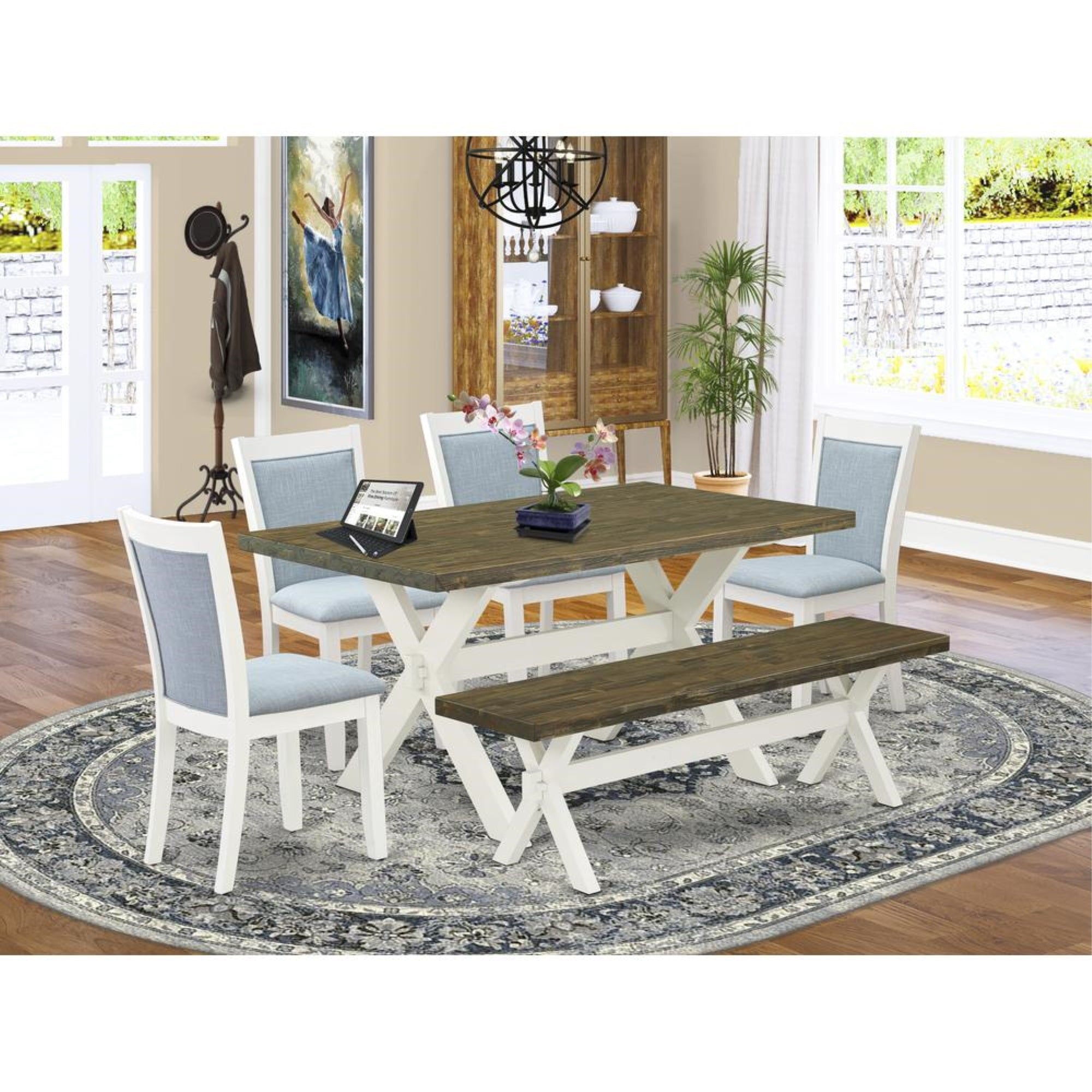 X076MZ015-6 6-Pc Table Set Consists of a Wood Table - 4 Baby Blue Padded Chairs and a Wood Bench - Wire Brushed Linen White Finish