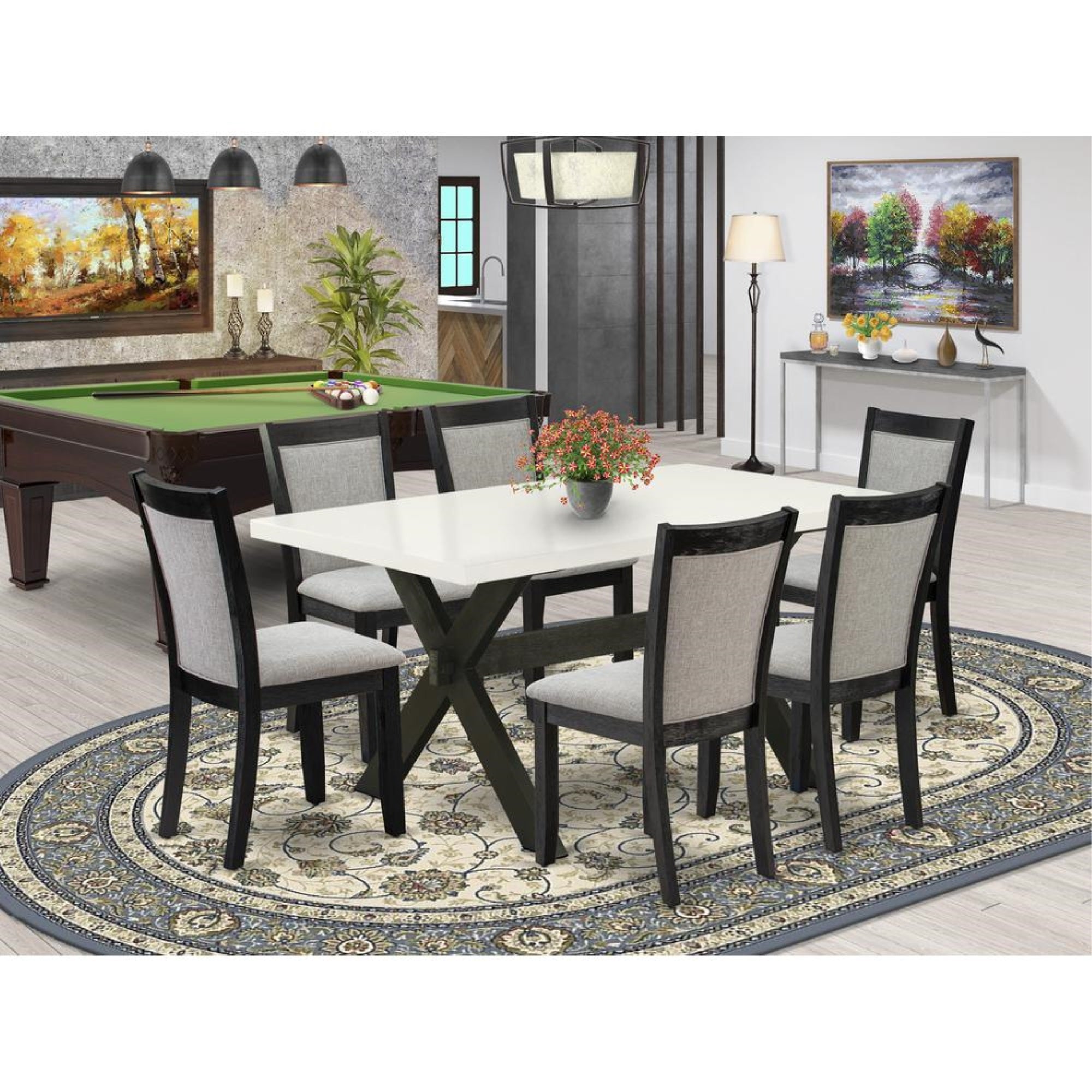 X626MZ606-7 7 Pc Dining Table Set - Linen White Wooden Dining Table with 6 Shitake Dinning Chairs - Wire Brushed Black Finish