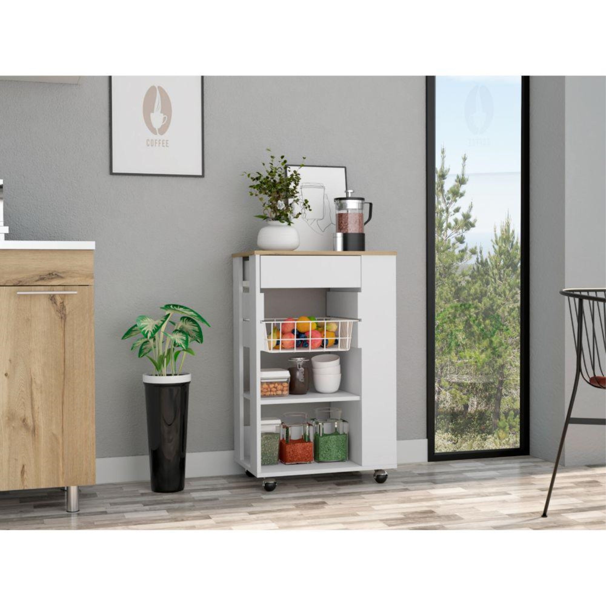 DEPOT E-SHOP Rosemont Kitchen Cart, Two Open Shelves, Rack, Four Caster Wheels, One Drawer-White-Light Oak, For Kitchen