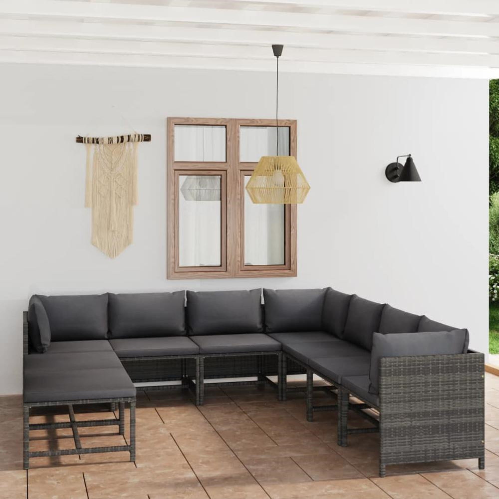 vidaXL 9 Piece Patio Lounge Set with Cushions Poly Rattan Gray, 3059773