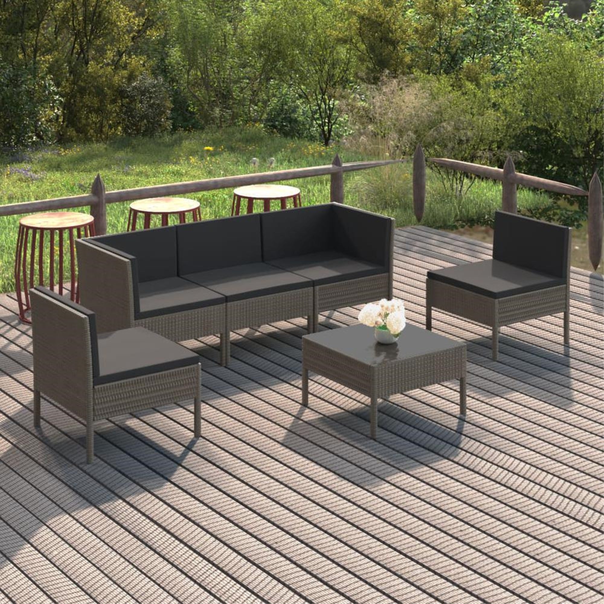 vidaXL 6 Piece Patio Lounge Set with Cushions Poly Rattan Gray, 3094346